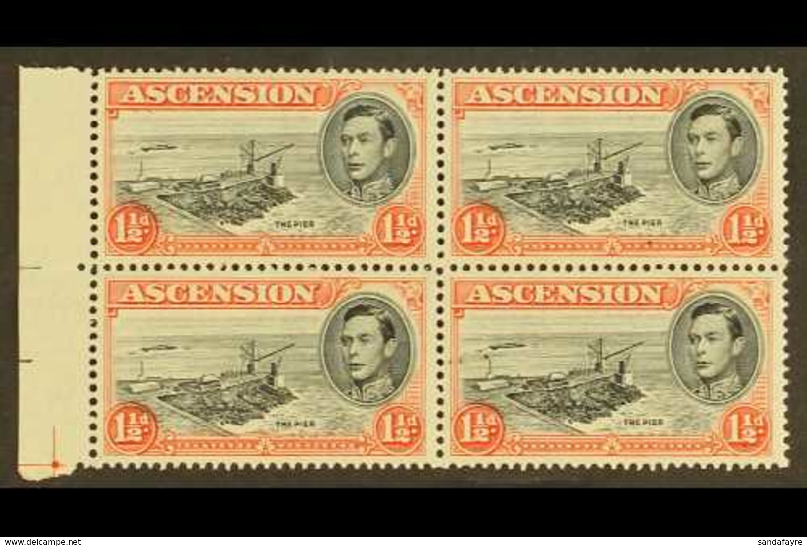 1944 1½d Black And Vermilion Perf. 13, Left Marginal Block Of Four, One Showing Davit Flaw, SG 40ba, Never Hinged Mint.  - Ascension