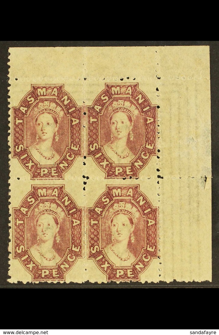 TASMANIA 1863-71 6d Reddish- Mauve Perf 12, SG 76, Superb Never Hinged Mint BLOCK OF FOUR From The Upper Right Corner Of - Other & Unclassified