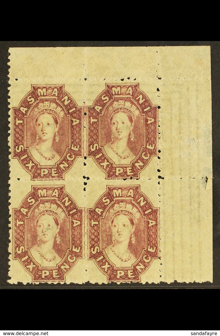 TASMANIA 1863-71 6d Reddish- Mauve Perf 12, SG 76, Superb Never Hinged Mint BLOCK OF FOUR From The Upper Right Corner Of - Altri & Non Classificati