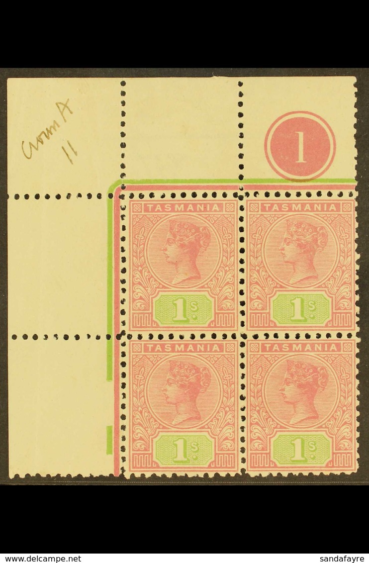 TASMANIA 1906-09 1s Rose & Green Wmk Crown Over A Wmk Inverted Perf 11, SG 257a, Mint (stamps Never Hinged) Upper Left C - Sonstige & Ohne Zuordnung