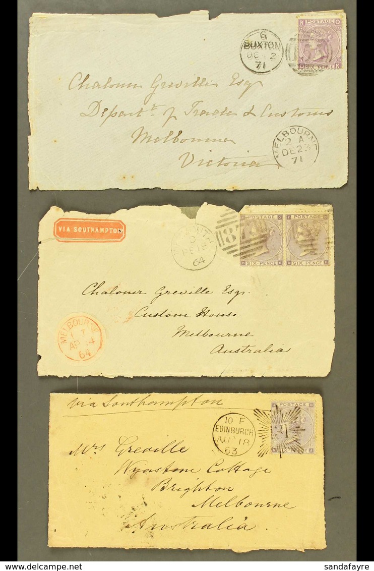 VICTORIA INWARD MAIL. 1863, 1864 & 1871 Cover Fronts With Some Faults, Sent From GB To Melbourne Bearing Various 6d Valu - Altri & Non Classificati