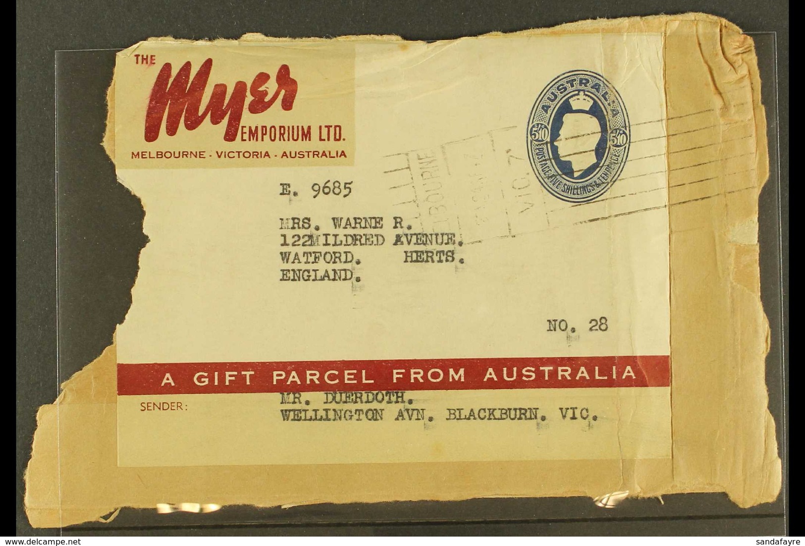 1946 5s10d Myer Emporium Food Parcel Label Addressed To England Tied To Piece By Melbourne Roller Datestamp, Vertical Cr - Altri & Non Classificati