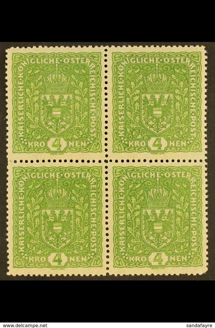 1917 4k Yellowish Green, Perf.12½, 26x29mm, BLOCK OF FOUR, Mi 206 II, Light, Diagonal Crease, Mostly Affecting One Stamp - Other & Unclassified