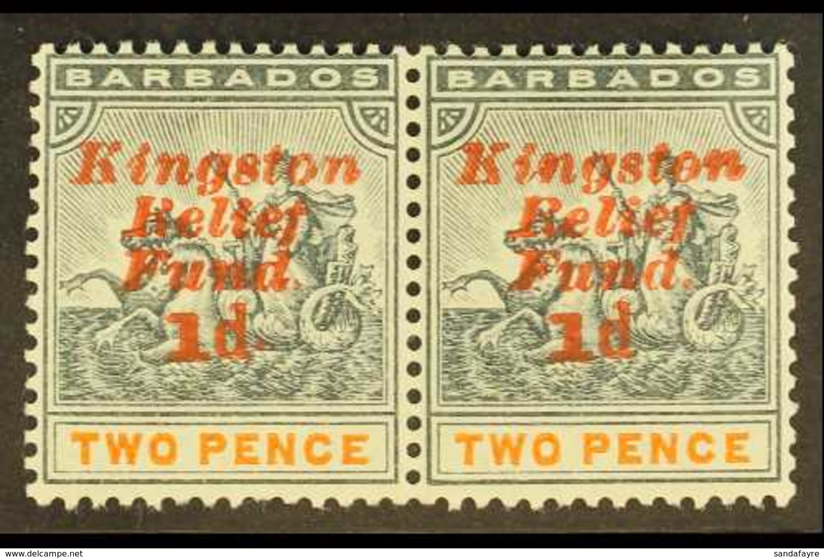 1907 1d "Kingston Relief Fund" Ovpt, Not Stop After "1d" SG 153e, Very Fine Mint, In Pair With Normal. For More Images,  - Barbados (...-1966)