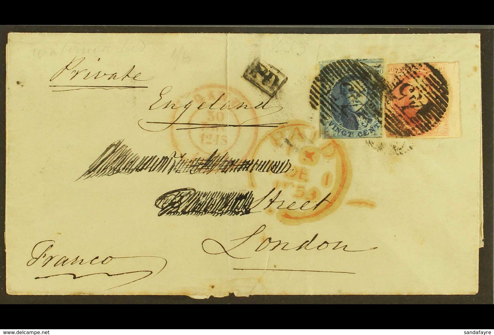 1853 (30 Nov) Entire Addressed To London, Bearing 1851-54 20c (2+ Large Margins) & 40c (right Margin Example With 2 Marg - Altri & Non Classificati