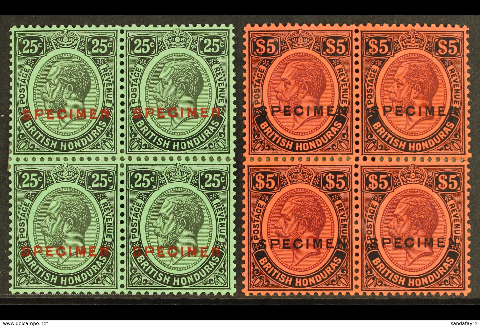 1922 25c Black On Emerald Overprinted "Specimen" In Red And $5 Purple And Black On Red Ovptd "Specimen" In Black, SG 124 - British Honduras (...-1970)