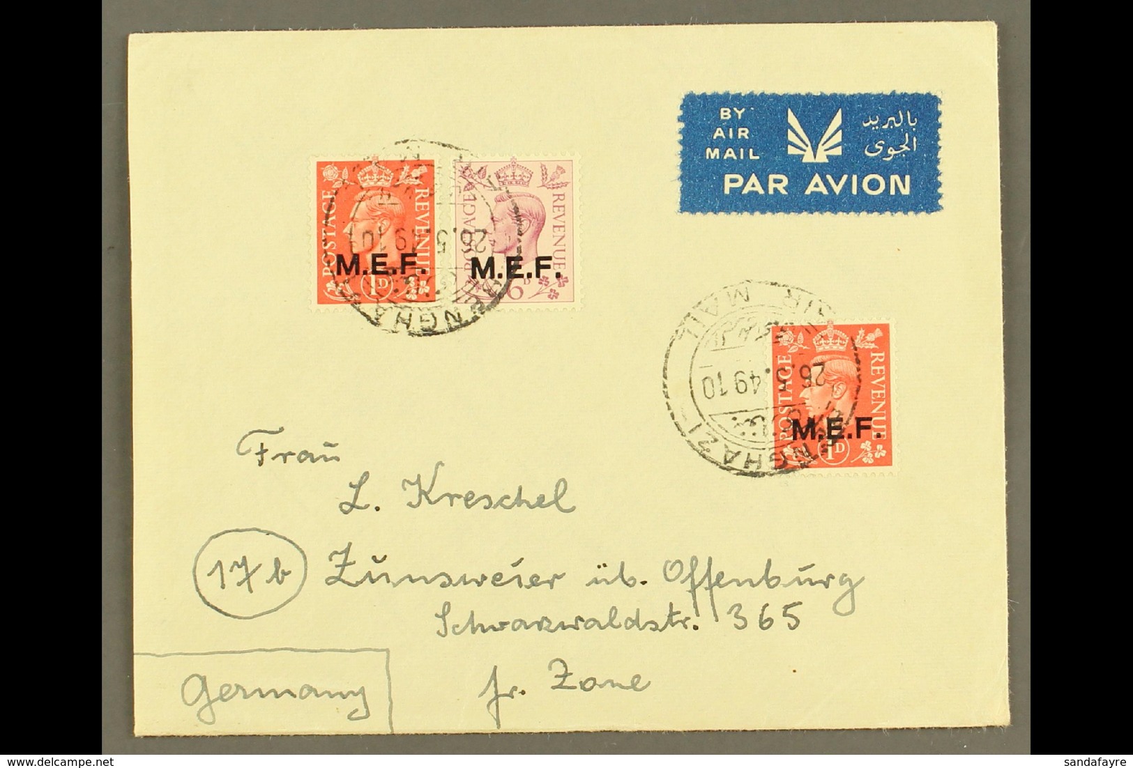 CYRENAICA 1949 Airmailed Cover To French Zone, Germany, Franked KGVI 1d X2 & 6d "M.E.F." Ovpts, SG M11, M16, Benghazi 26 - Italian Eastern Africa