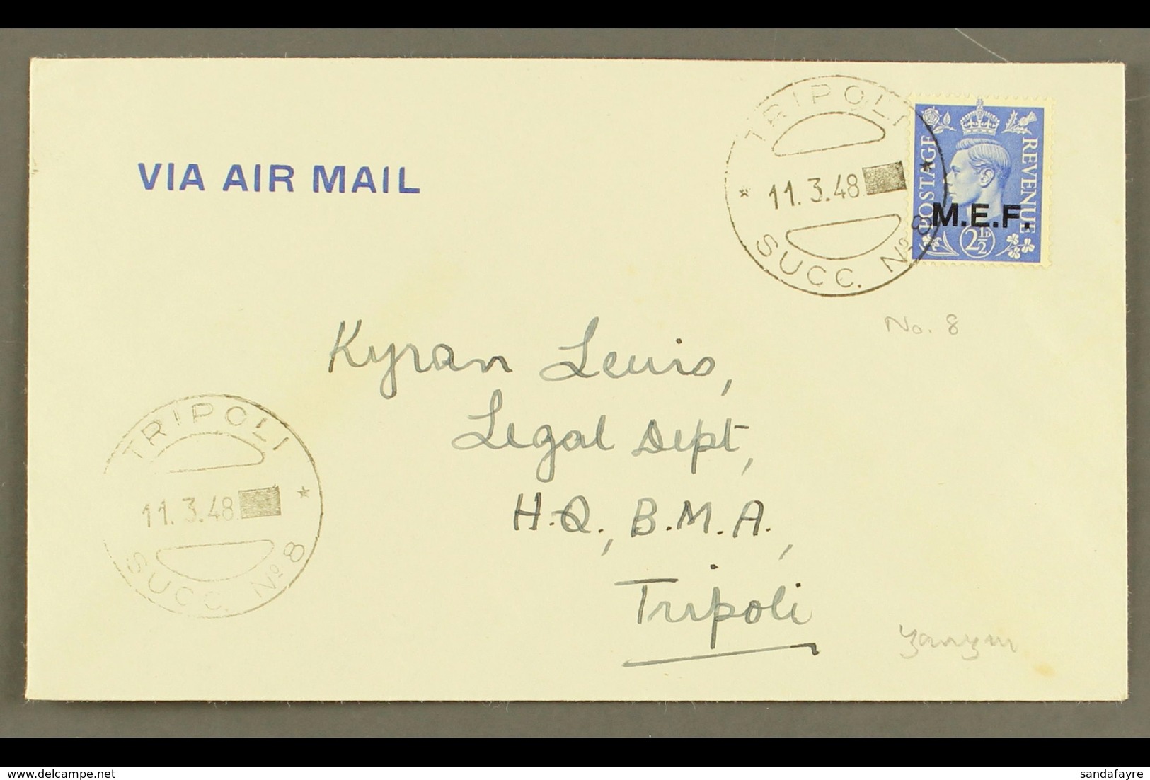 TRIPOLI 1948 Plain Airmail Cover, Local Address, Franked With KGVI 2½d "M.E.F." Ovpt, SG M13, Clear "Tripoli Succ. No.8" - Italian Eastern Africa