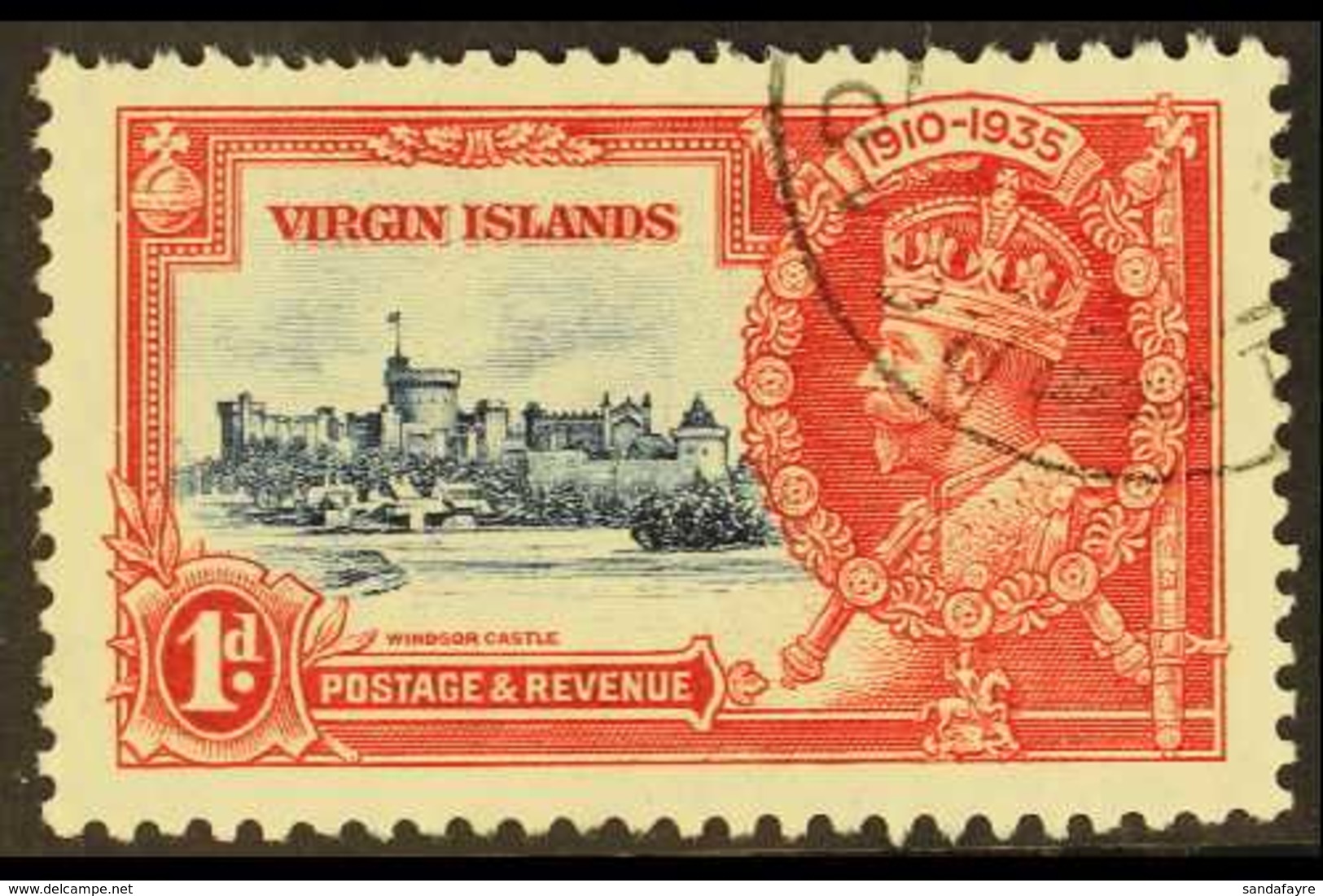 1935 1d Deep Blue And Scarlet, Silver Jubilee, Variety "Kite And Horizontal Log", SG 103l, Very Lightly Used, Few Nibble - British Virgin Islands