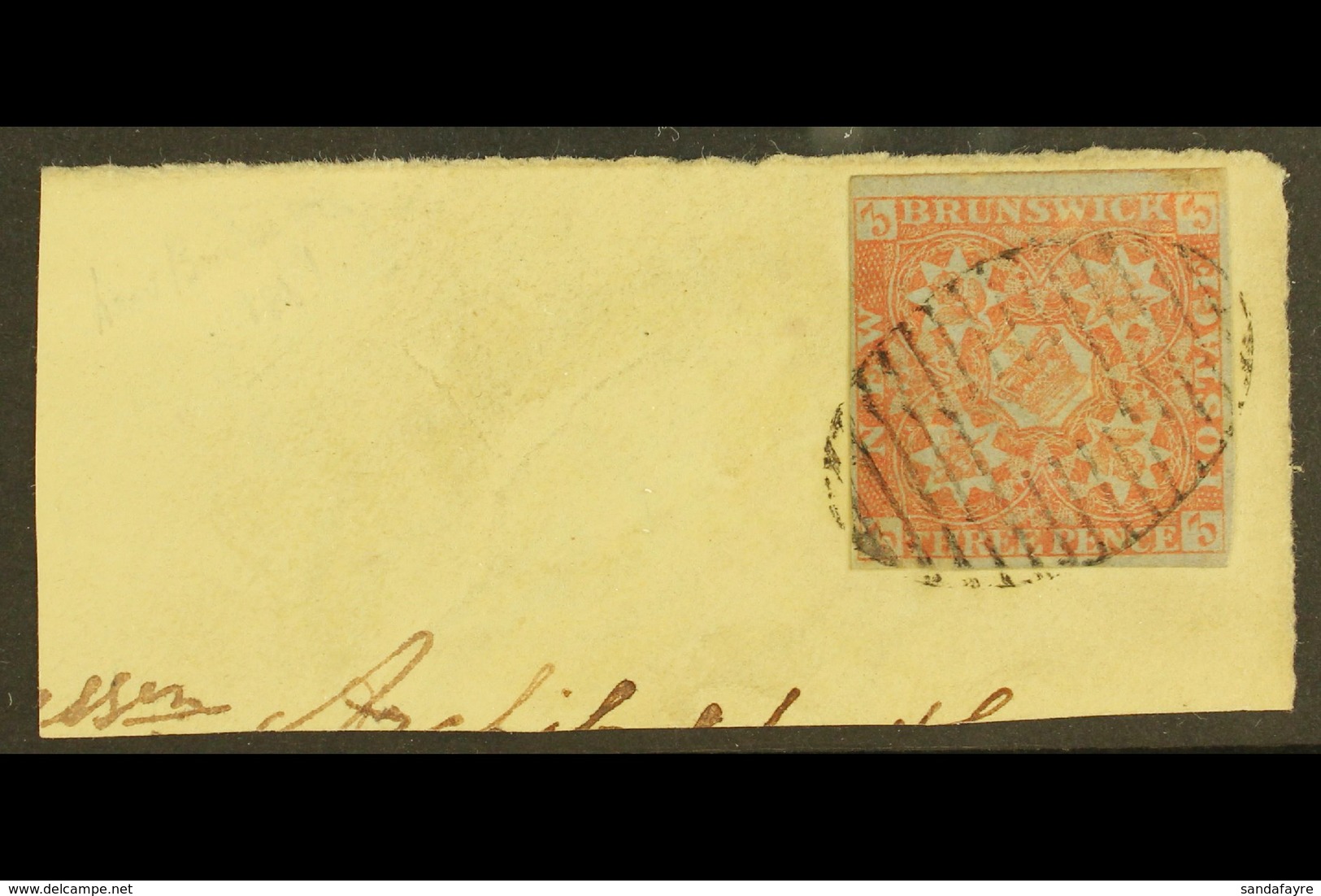 1851 3d Dull Red, SG 2, Used With 4 Neat Margins Tied To Large Piece By Full Barred Oval Cancellation. An Impressive Ite - Altri & Non Classificati