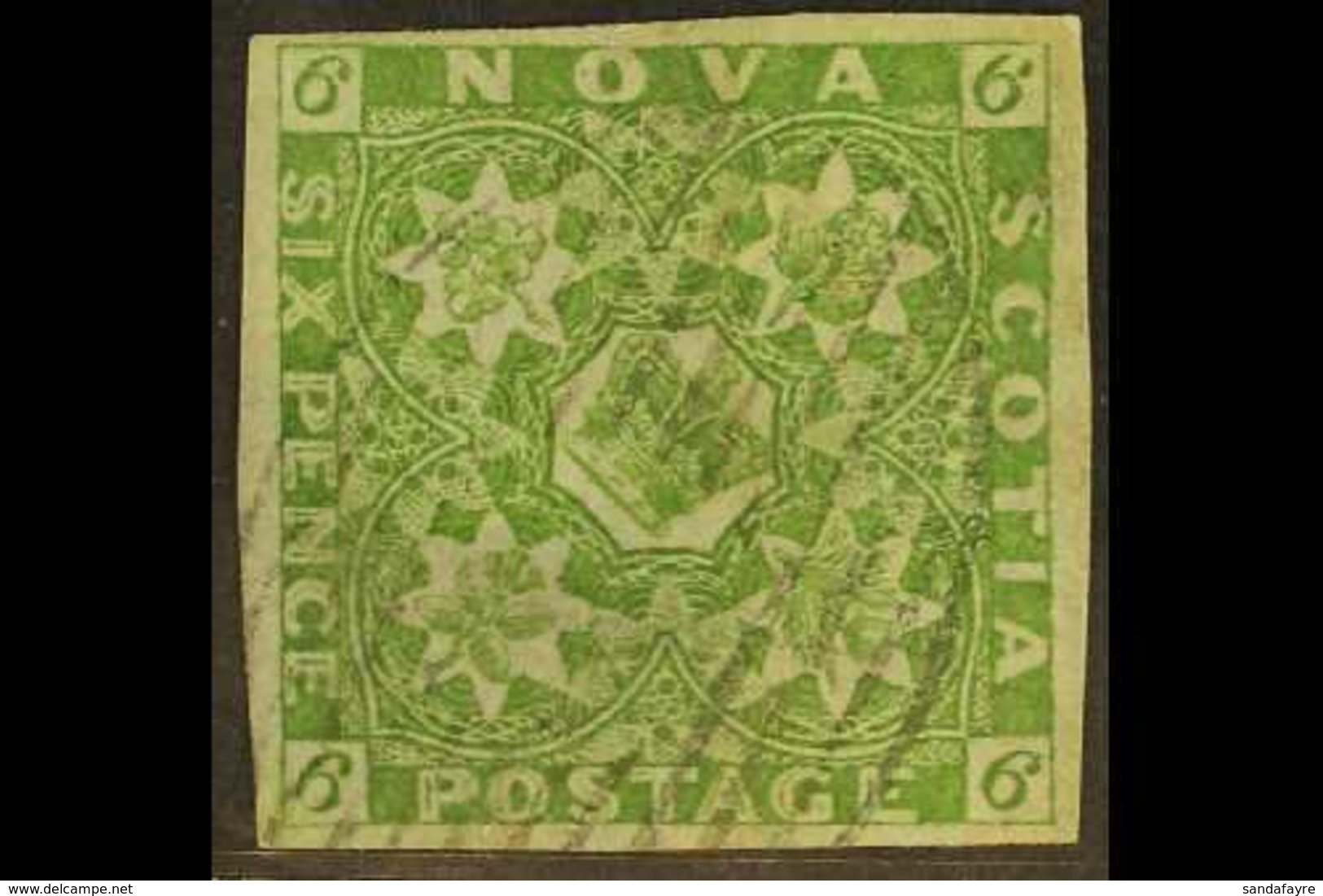 1851-60 6d Yellow-green, SG 5, Attractive With Four Large Margins And Neat Barred Cancel, One Corner Creased And A Thin. - Altri & Non Classificati