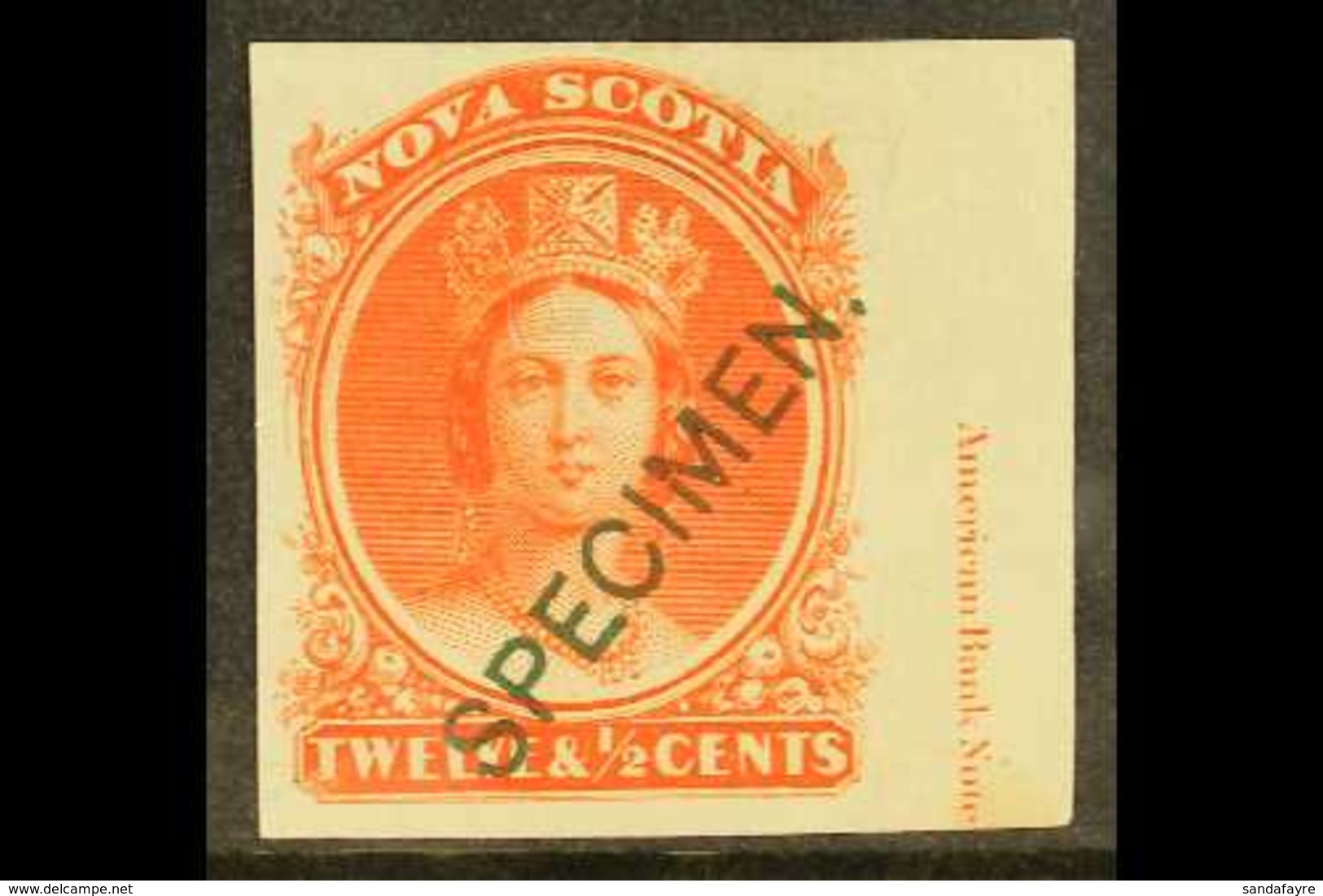 1860-63 12½c Imperf Plate Proof In Vermilion, Unitrade 13 TCii, With "SPECIMEN" Opt And Part Imprint At Right. For More  - Other & Unclassified