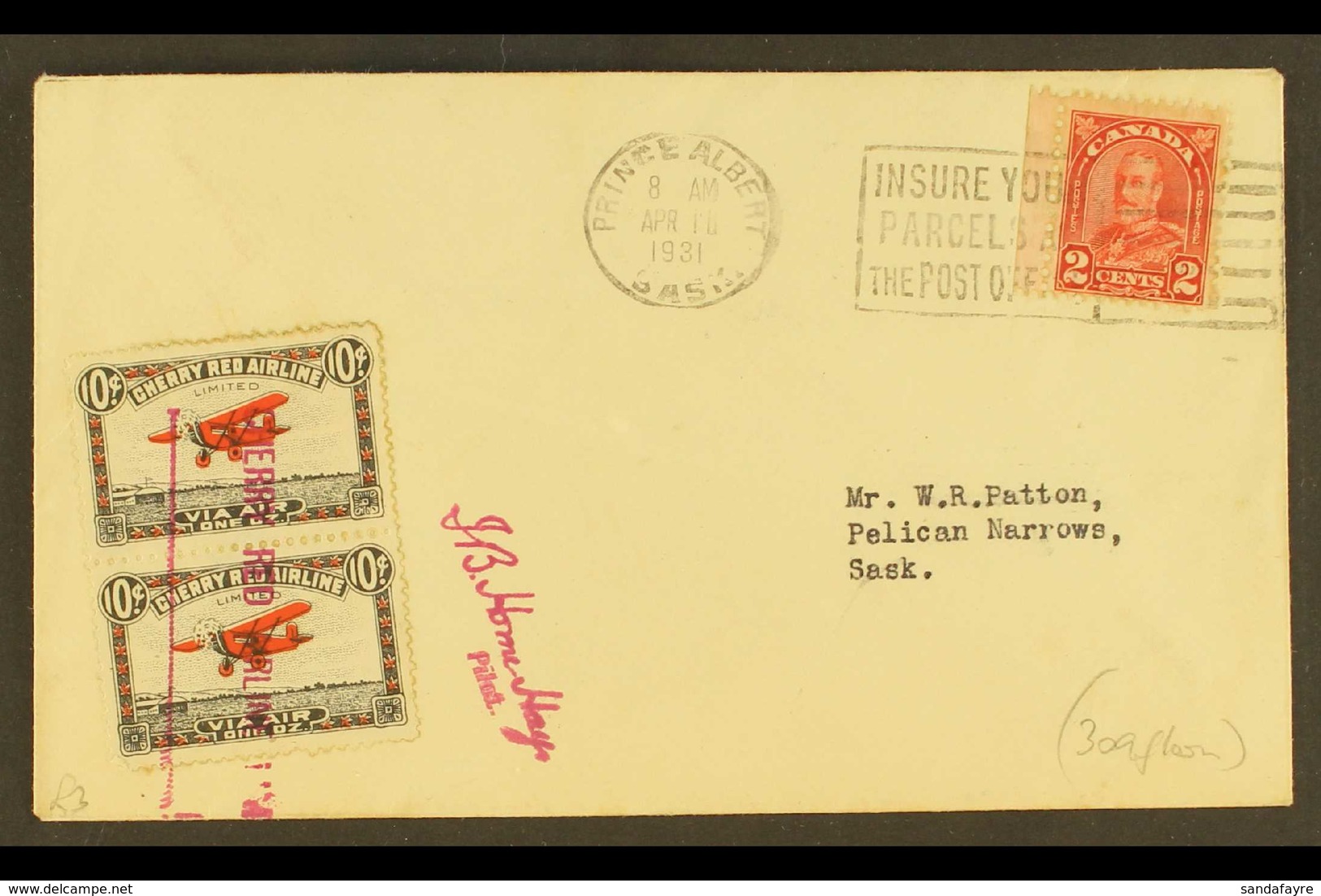 CHERRY RED AIRLINES 1931 Cover Franked 2c Geo V Plus Vertical Pair Of 10c Via Air 1oz Labels, Showing The Variety "Snow  - Other & Unclassified