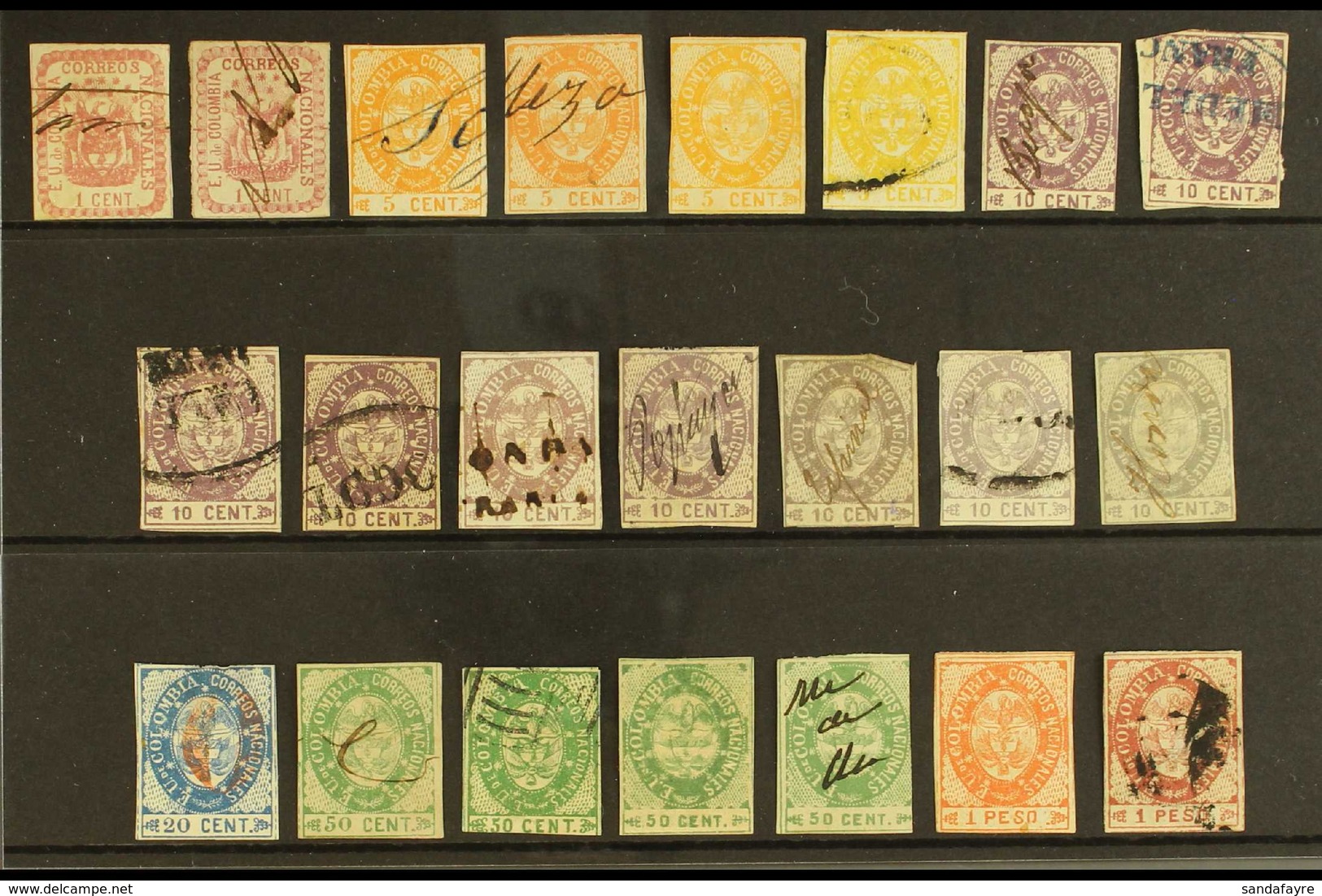 1865 IMPERF ISSUES Includes 1c Rose (two Shades) Used, 5c Orange X2 Used And One Unused, 5c Lemon Used, 10c Violet X6 Us - Colombia