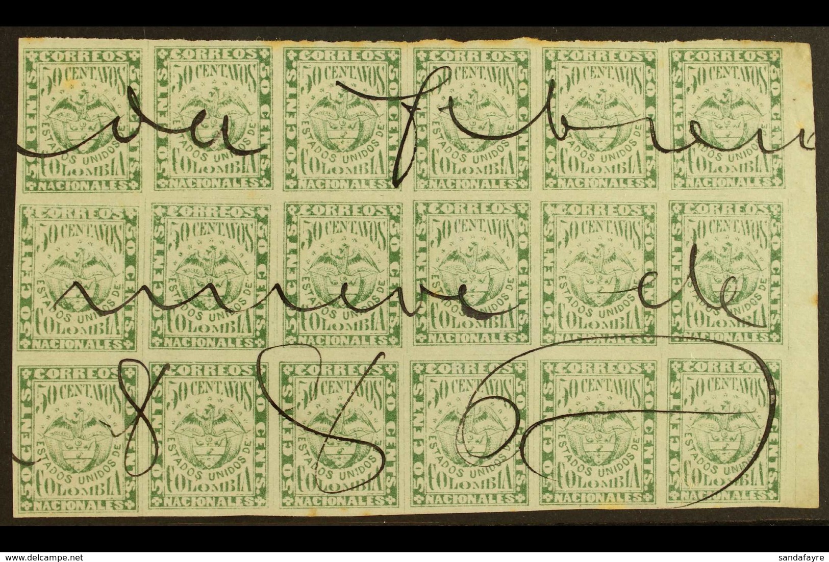 1868 50c Yellow Green, Scott 56, An Impressive Used BLOCK OF EIGHTEEN (6 X 3) With Full Margins And With Manuscript Canc - Colombie