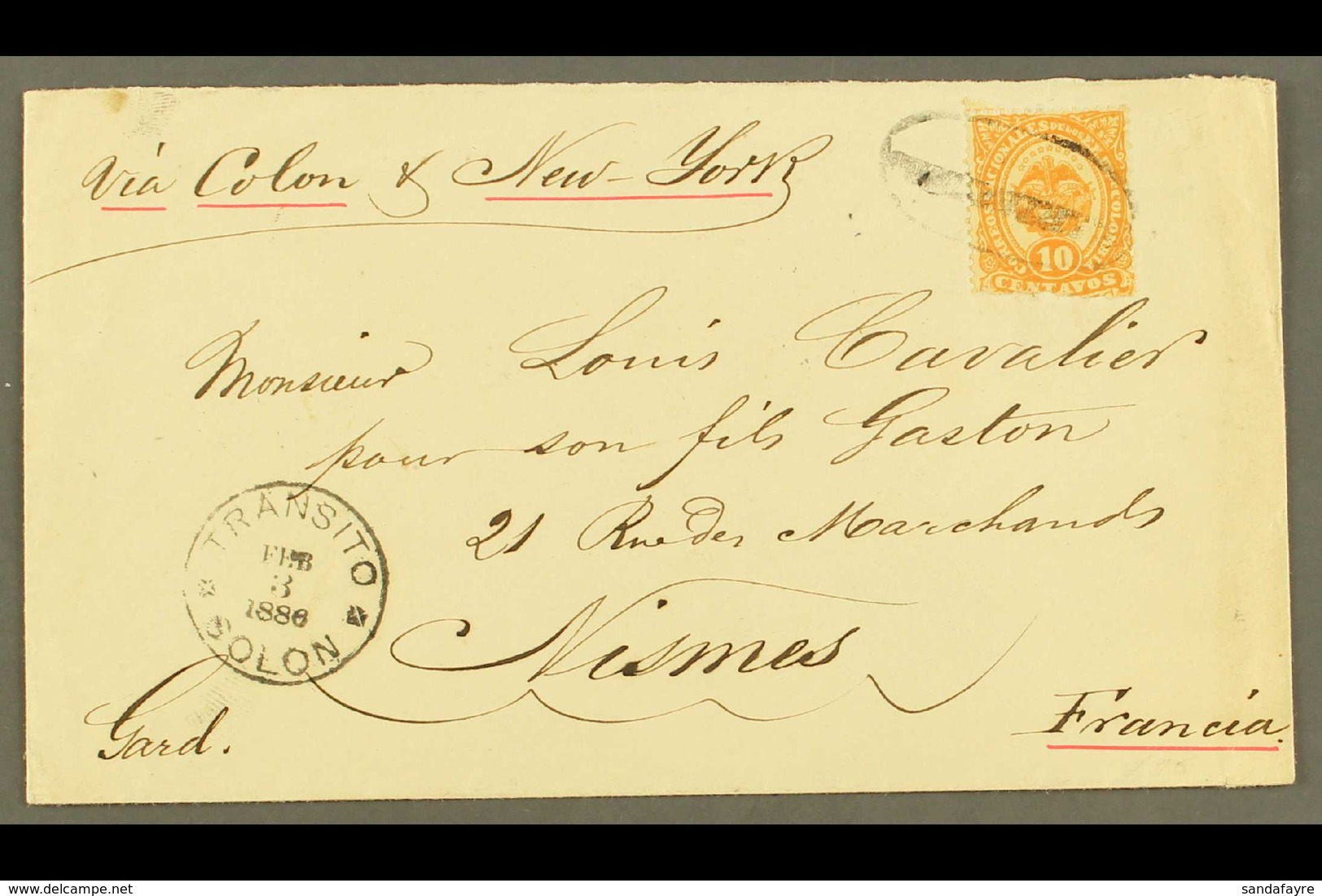 1886 COVER TO FRANCE Bearing 1883 10c Toed By Blurred "MEDELLIN" Oval Cancel With Scarce "TRANSITO / COLON" Very Fine Cd - Colombia