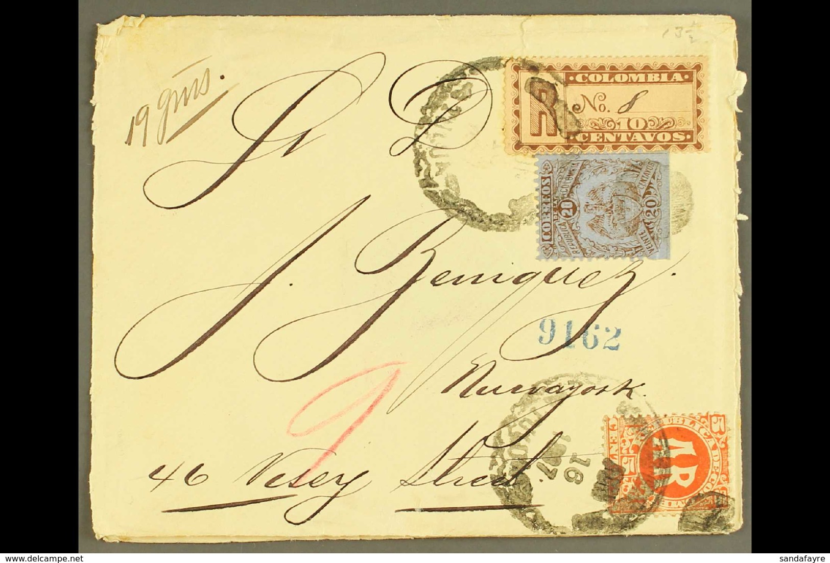 1897 ACKNOWLEDGEMENT OF RECEIPT COVER 1897 (Jun) Cover To New York Bearing 1892 10c Registration, 1892 20c Arms, Plus 18 - Colombia