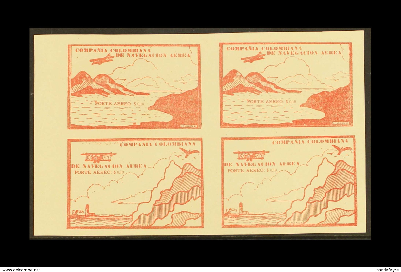 PRIVATE AIR COMPANY 1920 10c Brown Red, SG 13a/14a, Block Of 4, Types 3 & 4 Se-tenant Vertical Pairs, Unused & Without G - Colombia