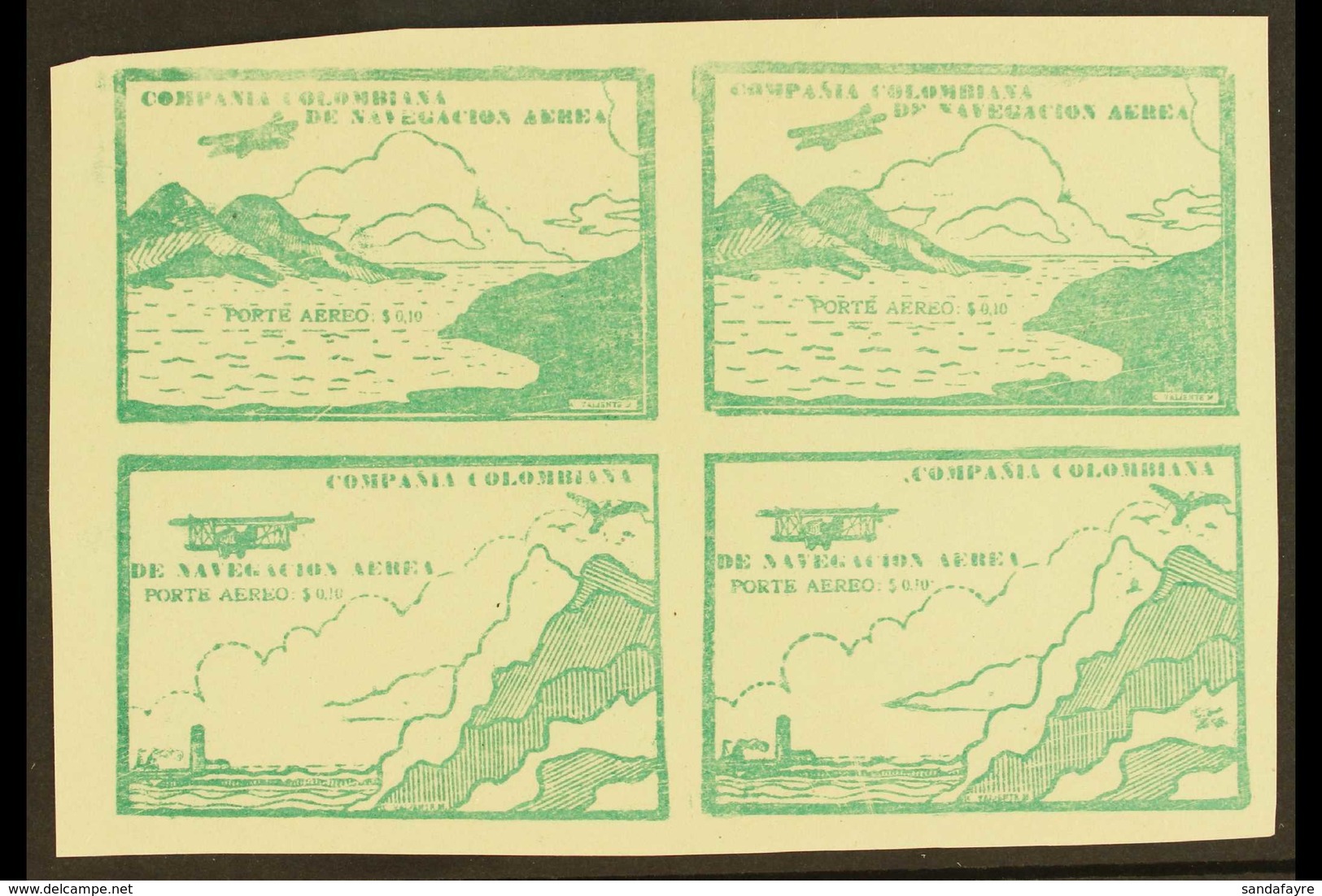 SCADTA 1920 10c Green Top Left Corner Imperf SE-TENANT BLOCK Of 4 (positions 1/2 & 7/8), Containing Two 'Sea And Mountai - Colombia