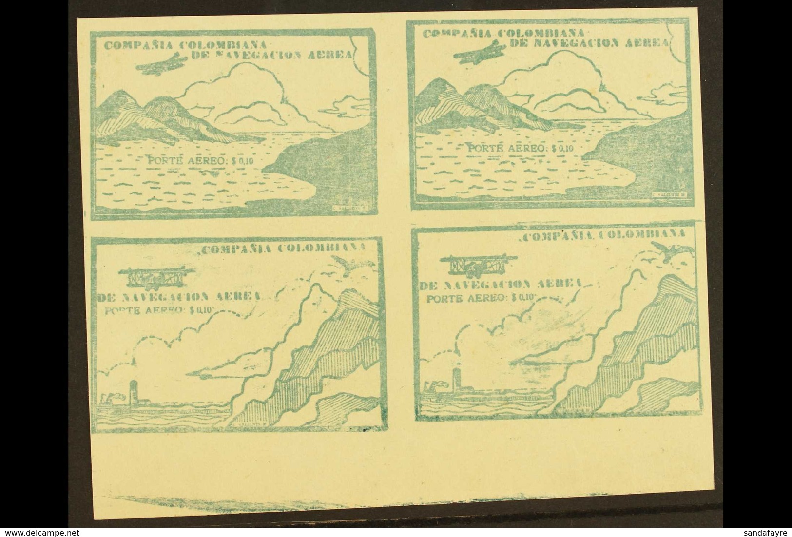 SCADTA 1920 10c Green Top Bottom Marginal Imperf SE-TENANT BLOCK Of 4, Containing Two 'Sea And Mountain' And Two 'Cliffs - Colombia