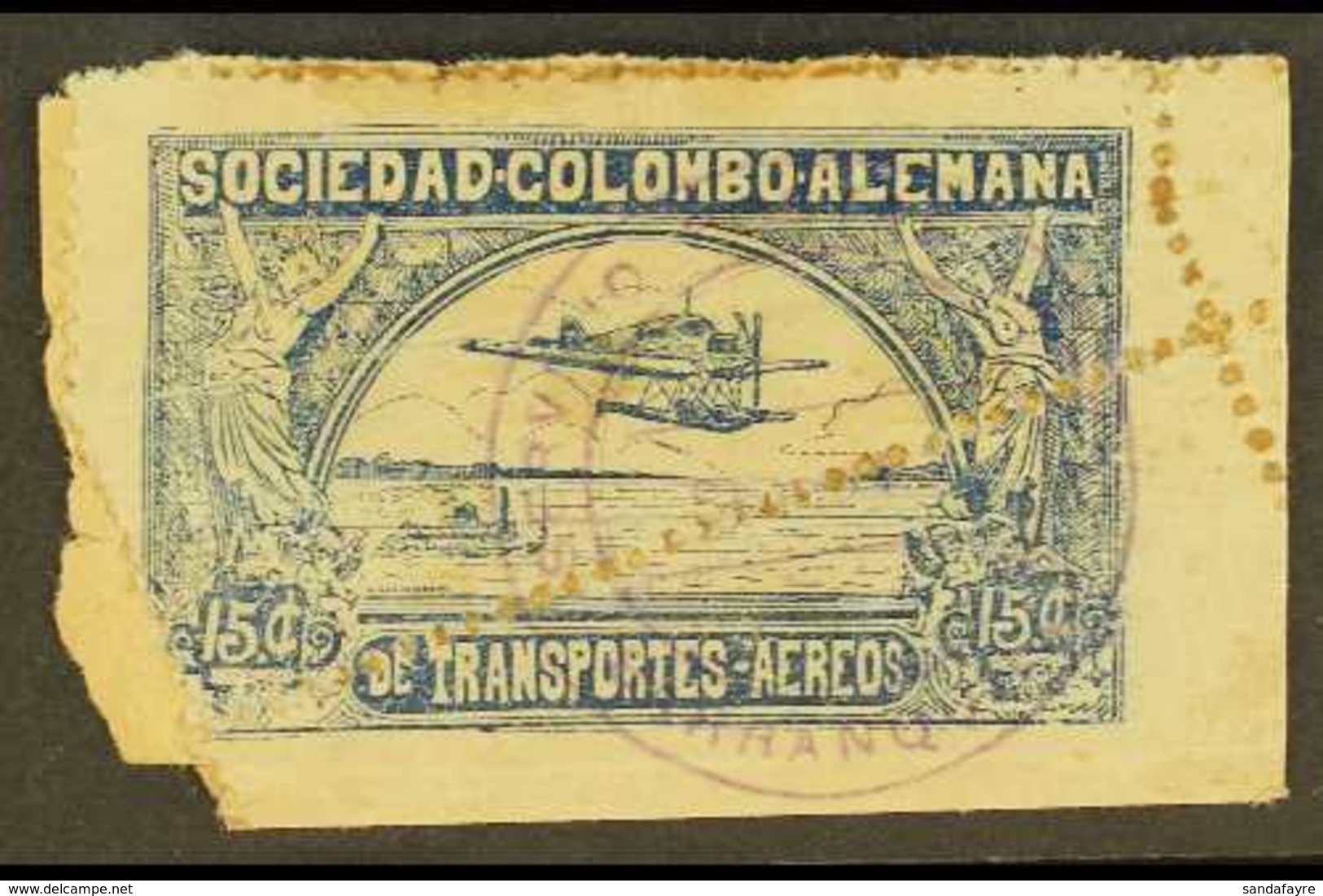 SCADTA 1920-21 15c Blue Hydroplane (Scott C13, SG 13, Michel 2), Used Example On Small Piece Showing A Spectacular PERFO - Colombia