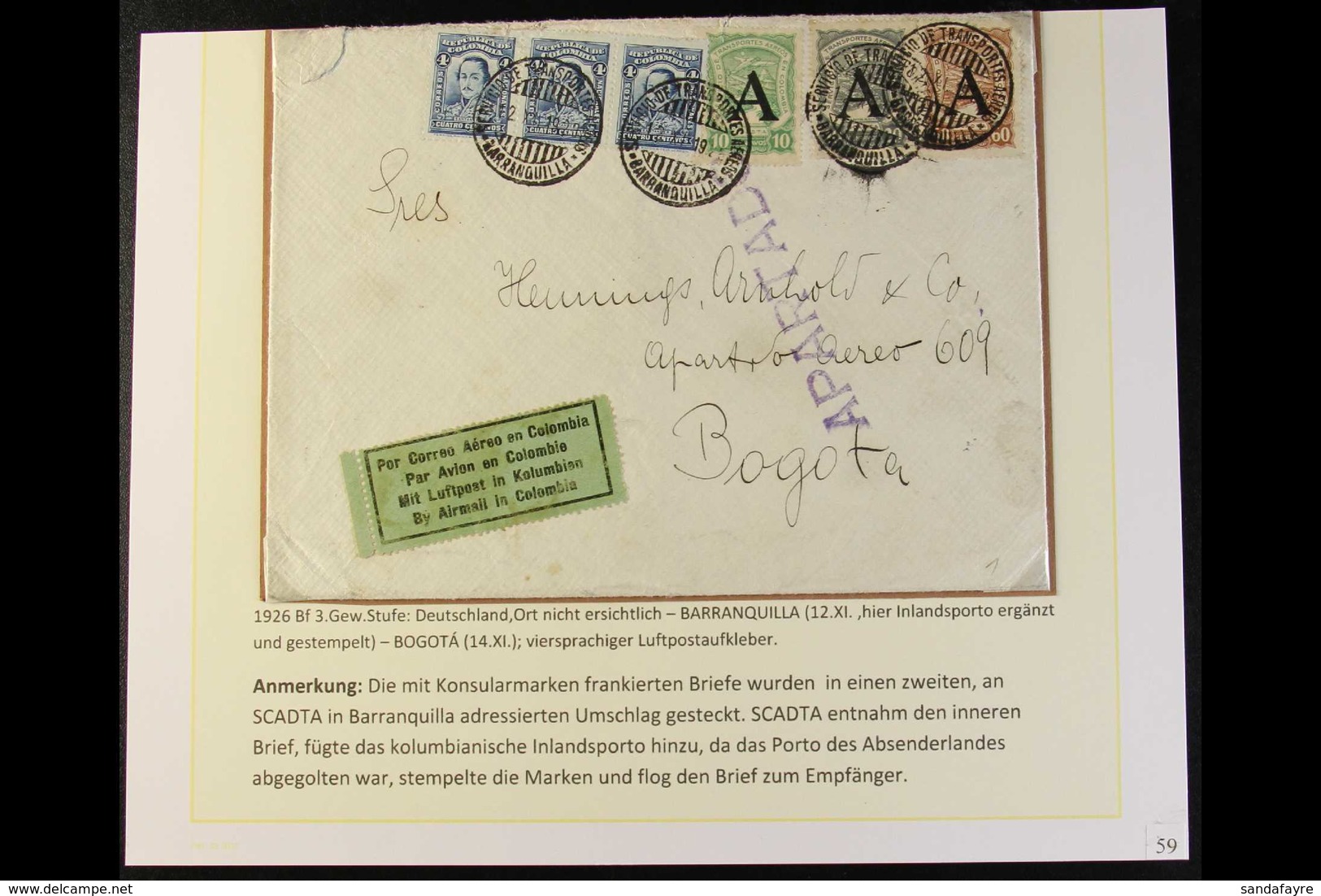 SCADTA 1928 (Nov) Cover Addressed To Bogota, Bearing Colombia 4c Strip Of 3 And SCADTA 1923 10c, 20c & 60c All Three Wit - Colombia