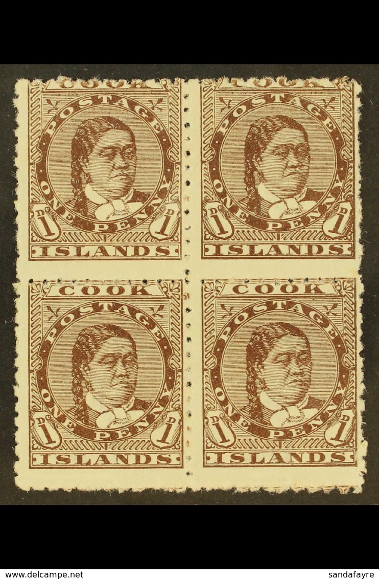 1893-1900 1d Brown Queen, SG 5, Scarce Mint Block Of Four With Large Part Gum, Some Light Paper Adherence. For More Imag - Cook Islands