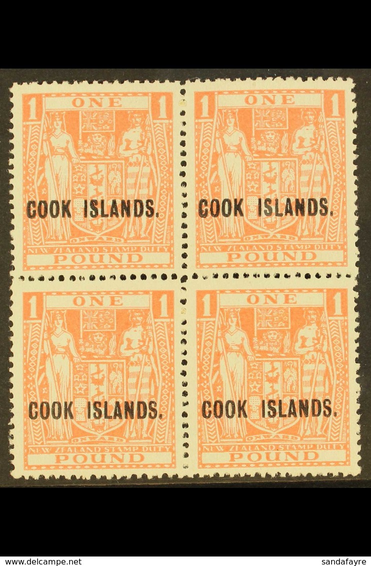 1943-54 £1 Pink Arms, SG 134, Fine Never Hinged Mint Block Of Four.  For More Images, Please Visit Http://www.sandafayre - Cook Islands