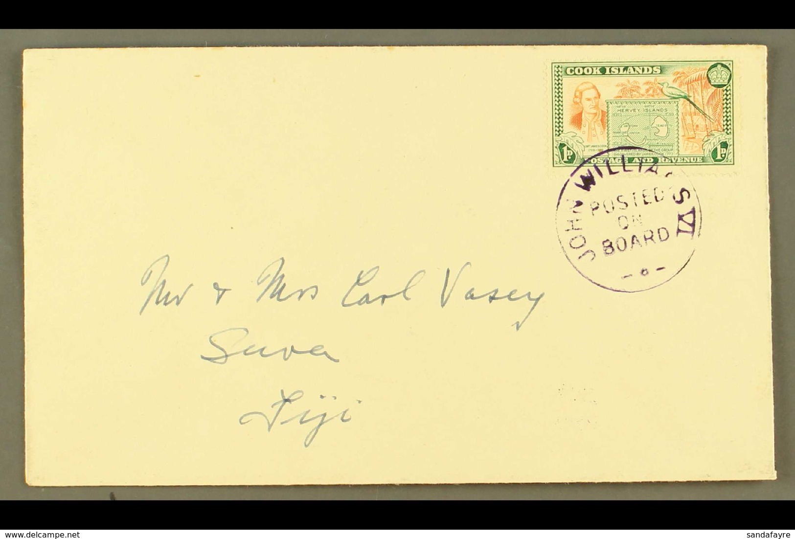 1949 1d Chestnut And Green, SG 151, On A Neat Envelope To Fiji, Tied By Upright Violet "John Williams VI/Posted On Board - Cook