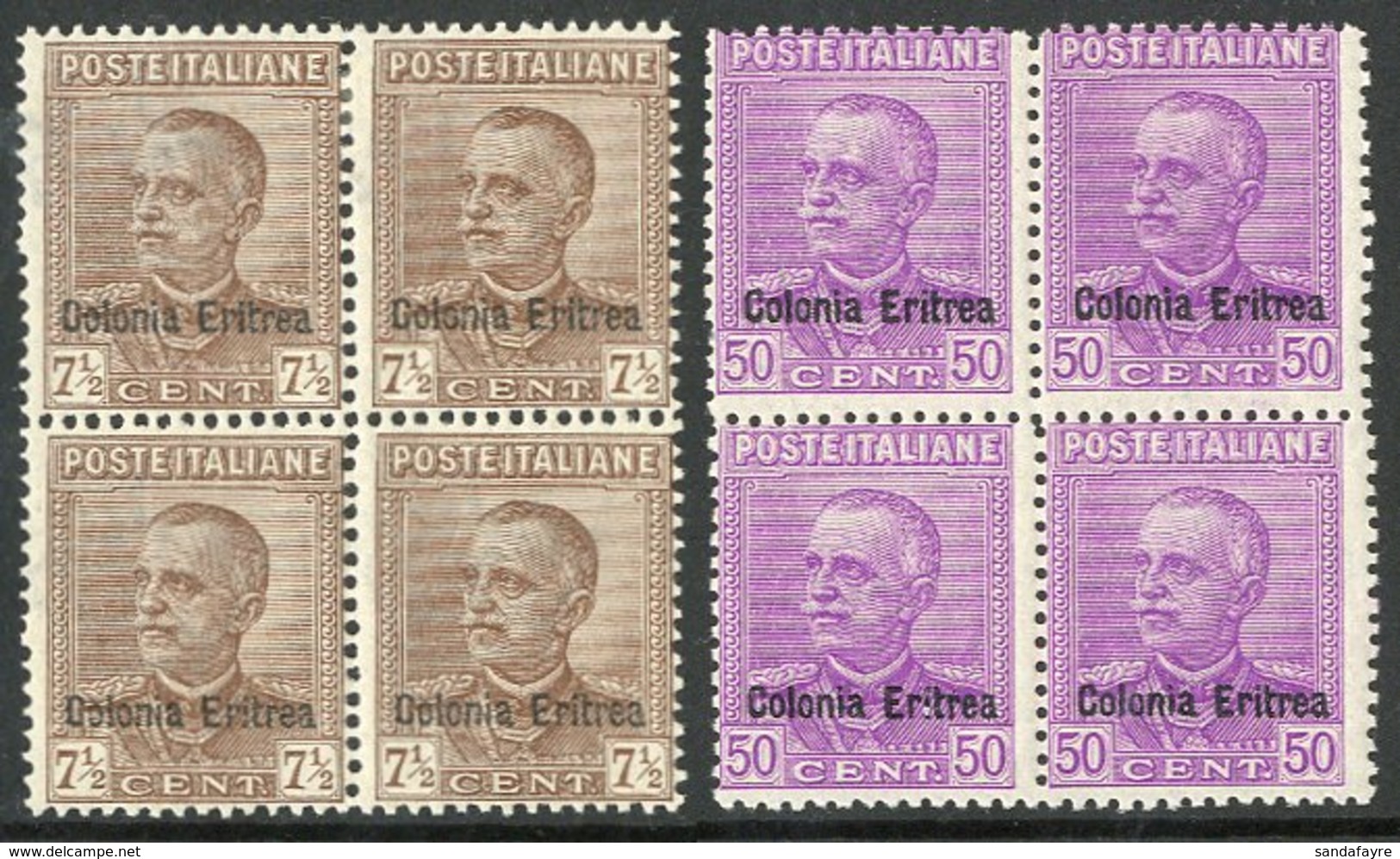 1928 - 9 7½c Brown And 50c Lilac Ovptd "Colonia Italiana", Sass S33, In Superb Blocks Of 4, 2NH, 2 Og. (8 Stamps) For Mo - Eritrea