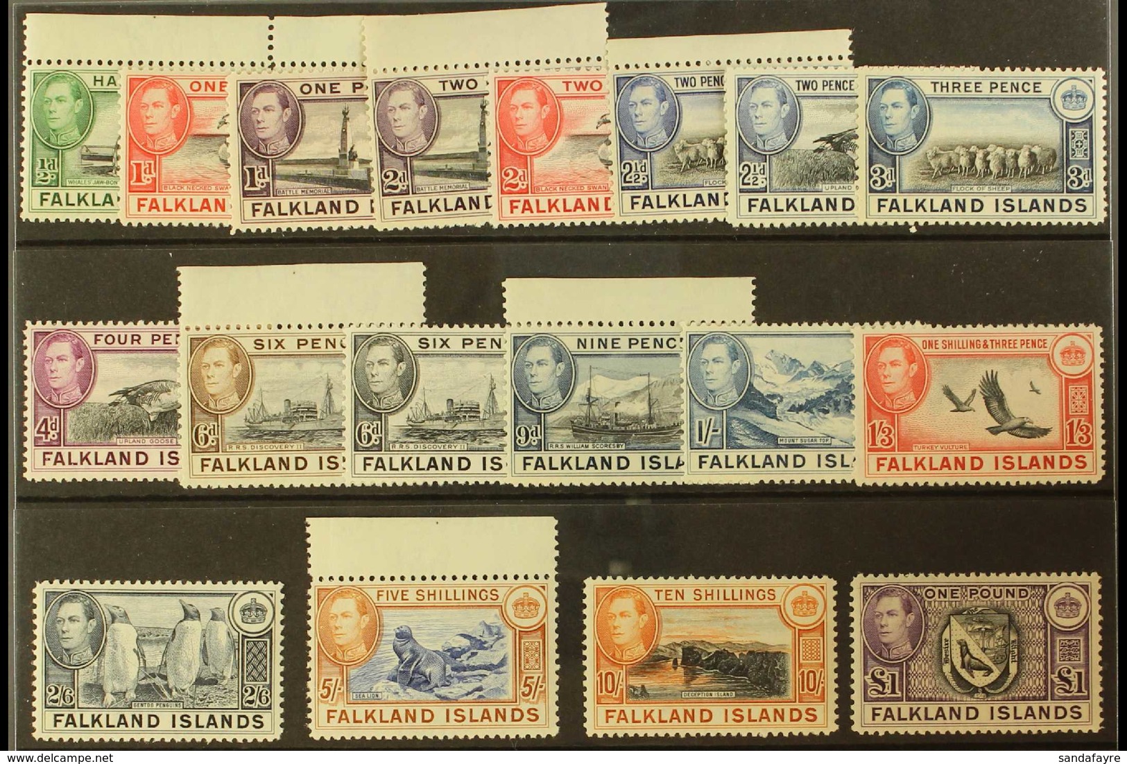 1938-50 KGVI Definitives Complete Set, SG 146/63, Never Hinged Mint. Fresh And Attractive! (18 Stamps) For More Images,  - Falkland Islands