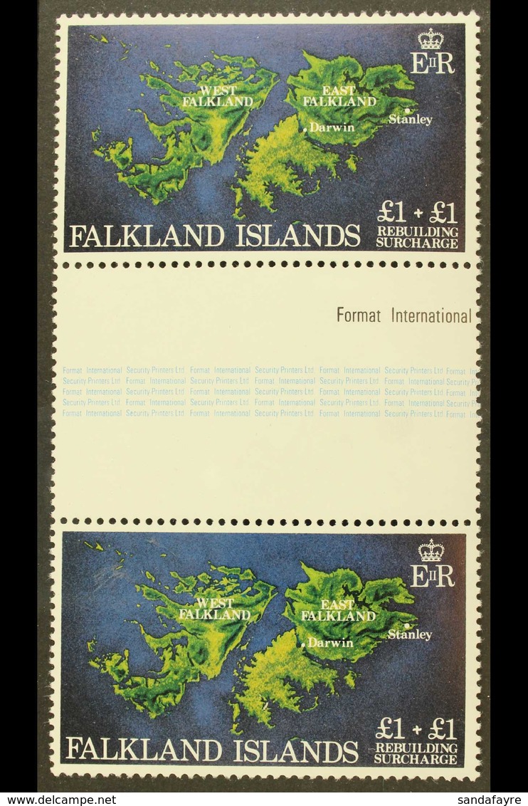 1982 £1+£1 Multicolored, "WATERMARK CROWN TO RIGHT OF CA" Variety, SG 430w, Very Fine Never Hinged Mint Vertical GUTTER  - Falkland Islands
