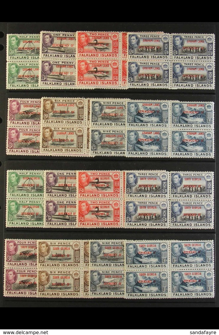 1944-45 Overprinted Sets For All Four Dependencies, SG A1/D8, In NEVER HINGED MINT BLOCKS OF FOUR. Lovely! (32 Blocks =  - Falkland Islands