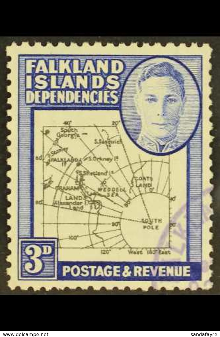 1946-9 3d Black & Blue, EXTRA ISLAND FLAW On Thick & Coarse Map Issue, SG G4aa, Very Fine Used. For More Images, Please  - Falkland