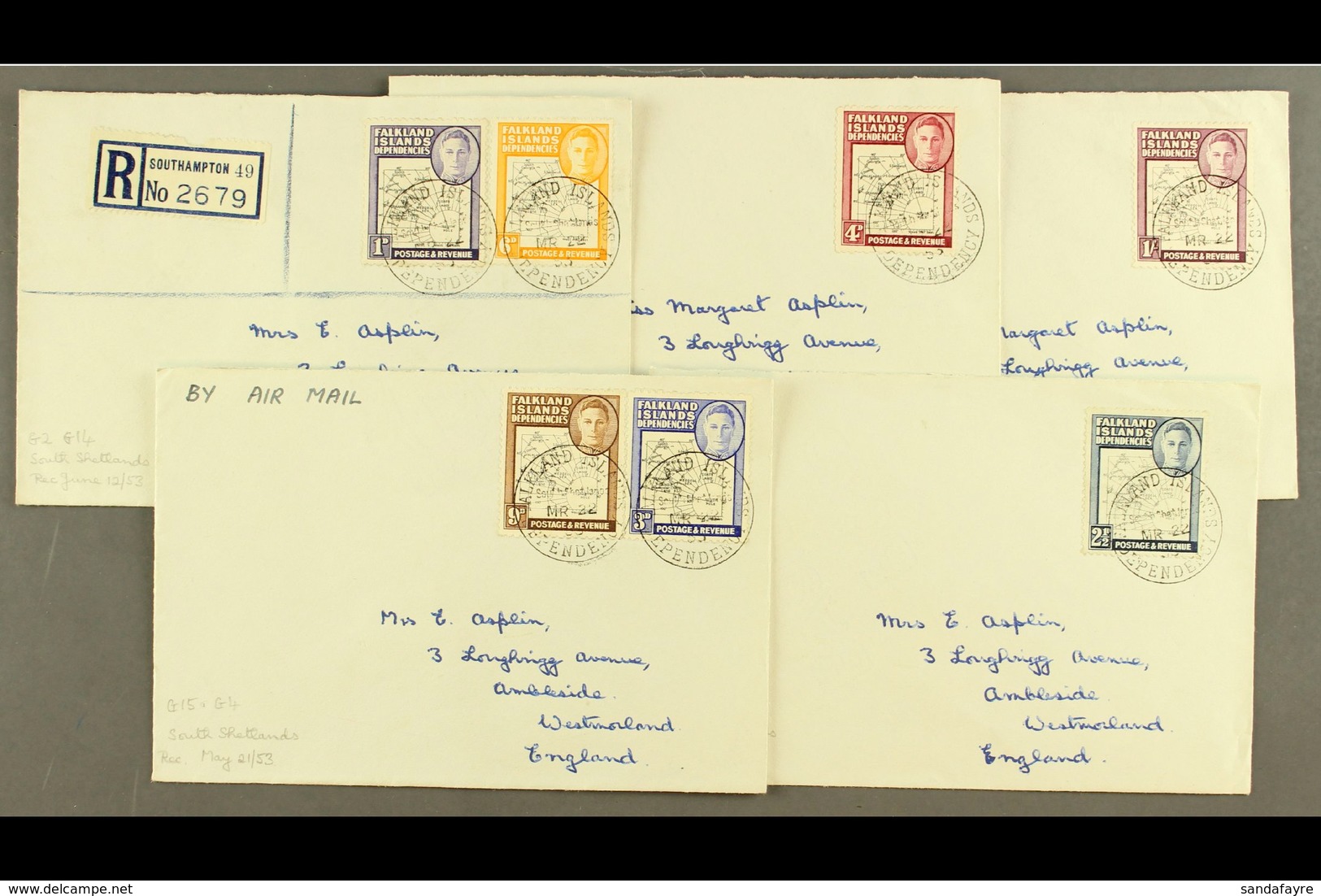 1952 - 1953 COVERS Selection Of Covers To UK (no Back Flaps) Franked With Range Of Clear And Coarse Map Values To 1s. (5 - Falkland