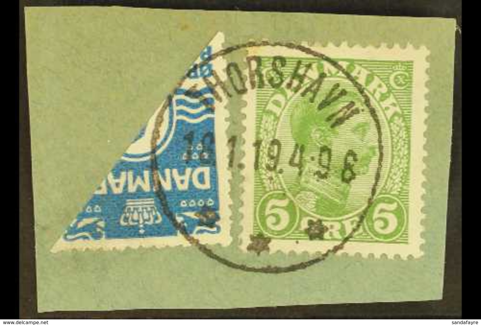 1919 4o Blue BISECTED Locally Together With 5o Stamp (Facit 1a, SG 176a), Very Fine Used On Piece Tied By "Thorshavn 18. - Isole Faroer