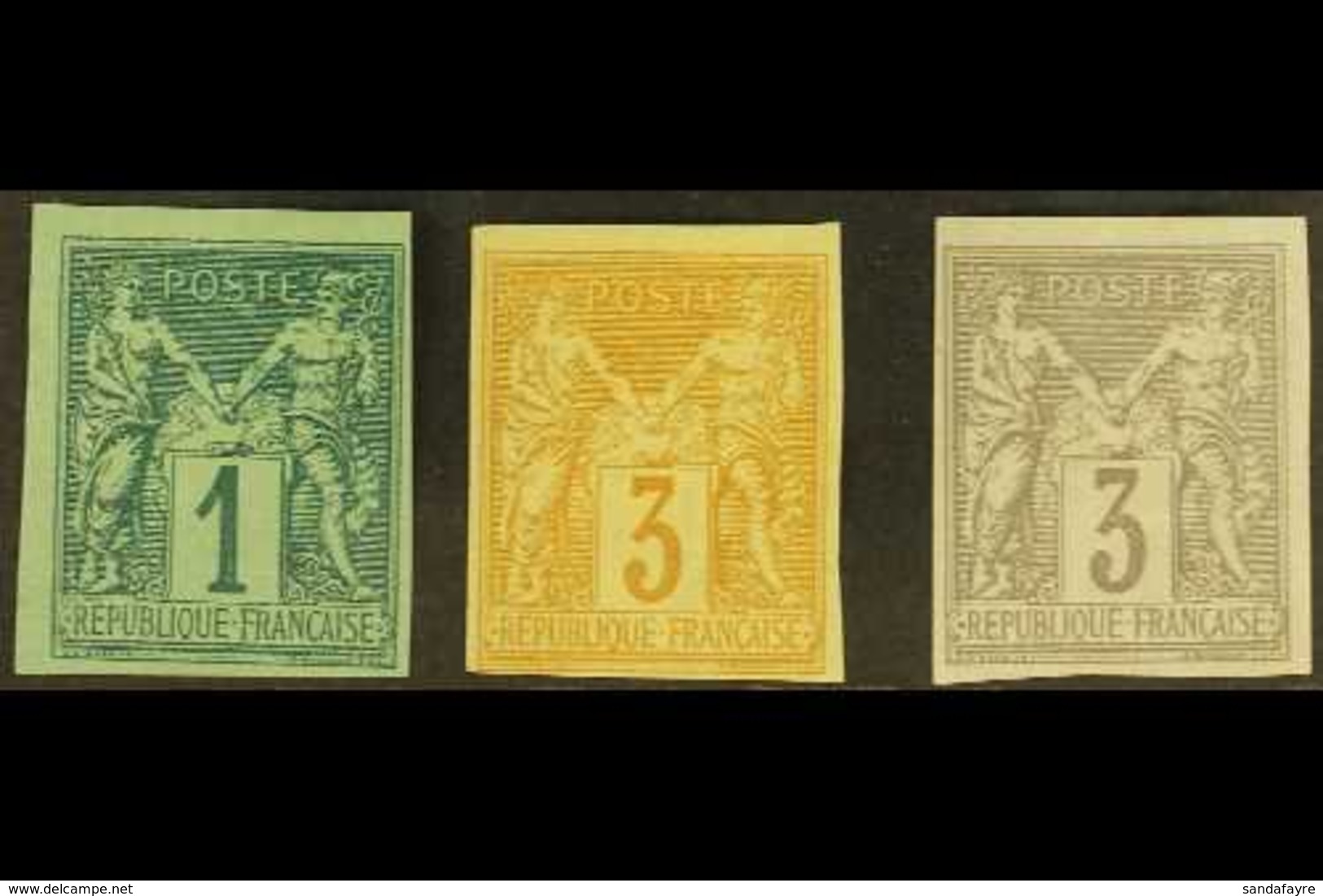 1887 GRANET REPRINTS. 1c Green, 3c Ochre & 3c Grey Types II Imperf 'Granet' Reprints, Mint, All With Four Margins, Fresh - Other & Unclassified