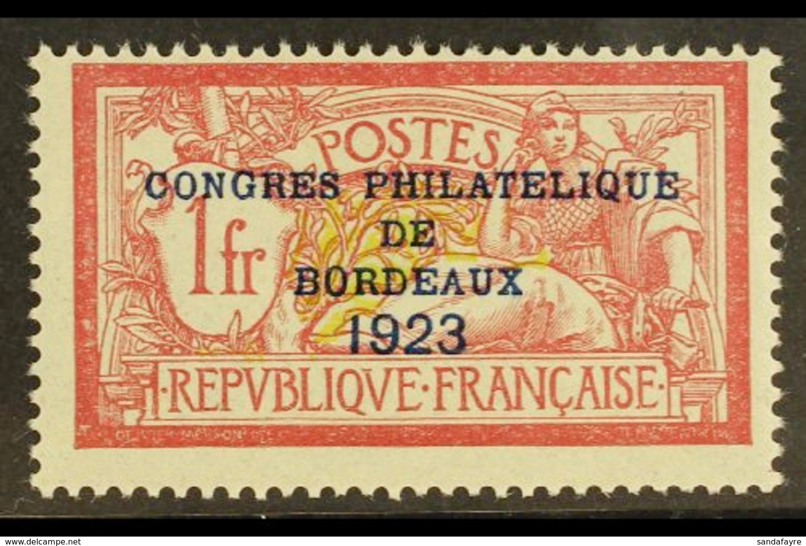 1923 1f Lake & Yellow-green Bordeaux Philatelic Congress Overprint (Yvert 182, SG 400e), Fine Mint, Centered To Top Righ - Other & Unclassified