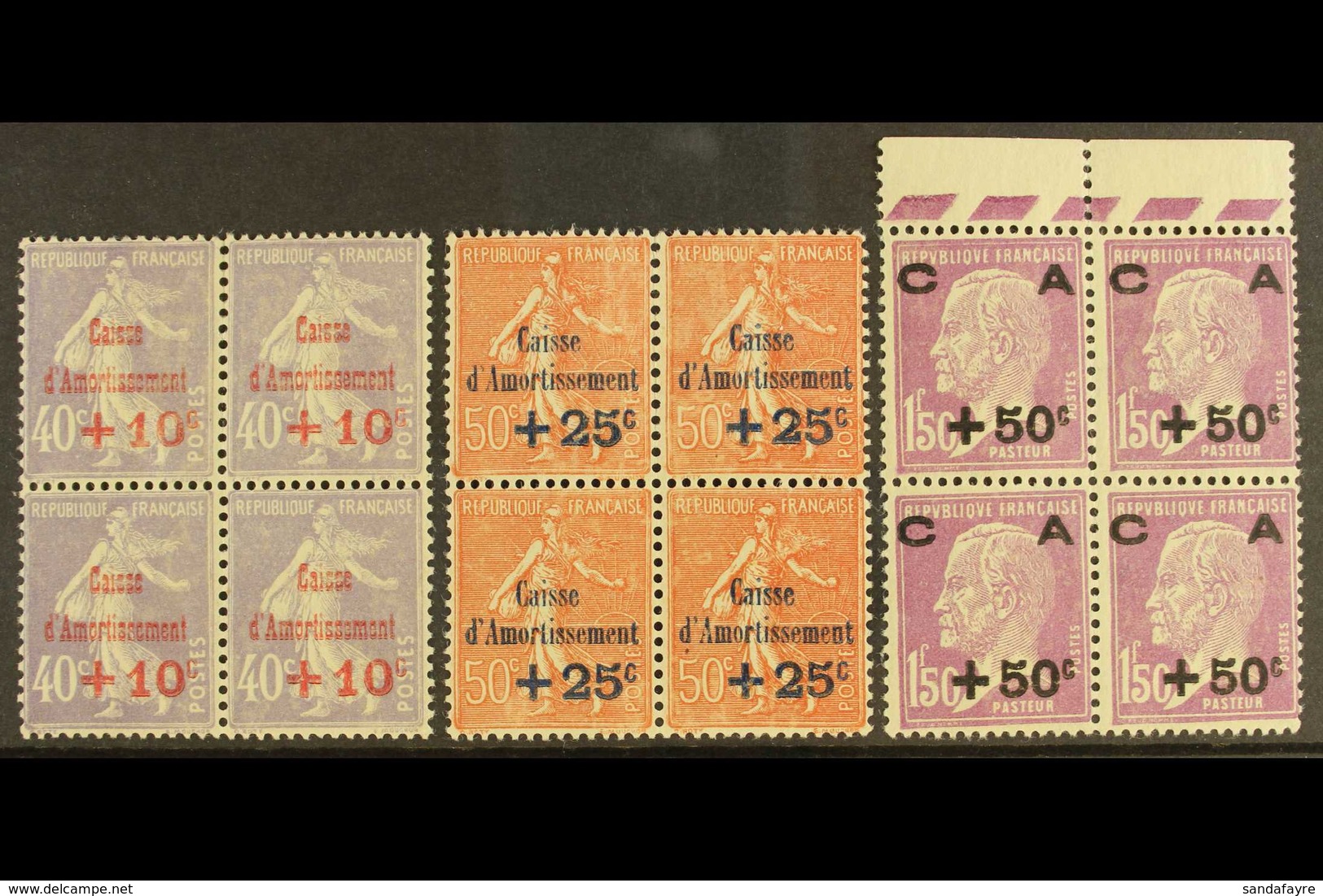 1928 "Caisse D'Amortissement" (Sinking Fund) Set (Yvert 249/51, SG 466/68) In NEVER HINGED MINT BLOCKS OF FOUR. (3 Block - Altri & Non Classificati