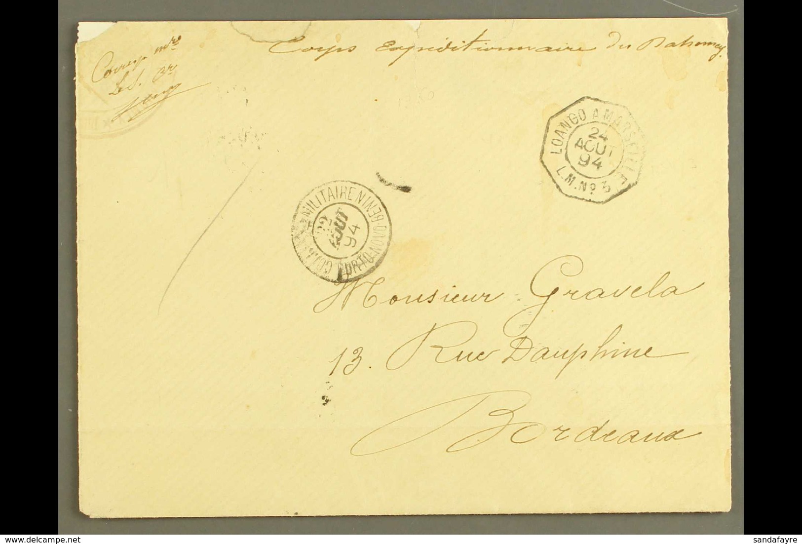 BENIN 1892 Cover To Bordeaux, France With M/s "Corps Expeditionnaire Du Dahomey" With "Correspce Militaire Porto Novo 24 - Altri & Non Classificati