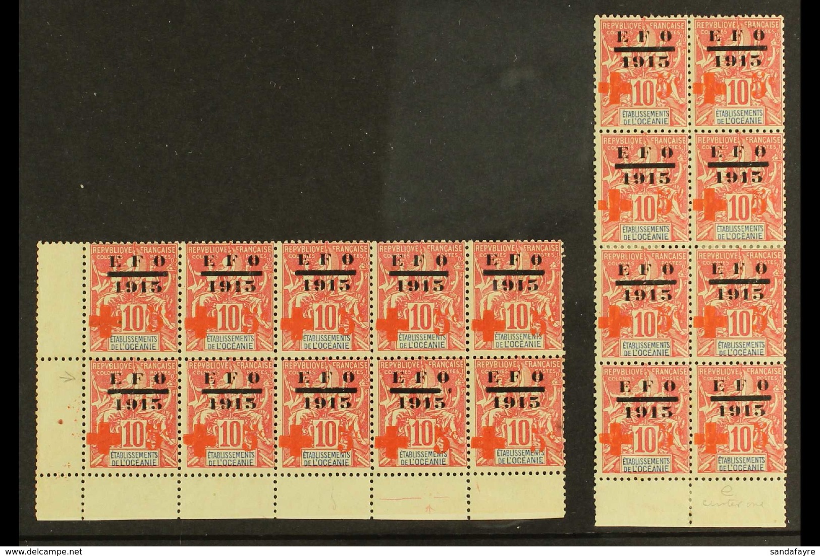 FRENCH OCEANIC SETTLEMENTS 1915 10c+5c Red Cross Surcharge, Two Blocks, One Corner Block Of 10 With Missing Centre Bar O - Sonstige & Ohne Zuordnung