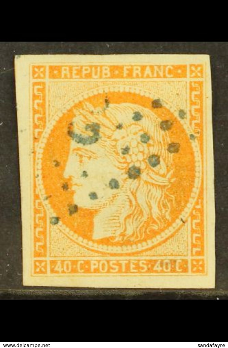 GUADELOUPE 1871 40c Orange, Ceres, Yv 13, Superb Used With Blue Dotted Lozenge "GPE" Cancel. For More Images, Please Vis - Altri & Non Classificati