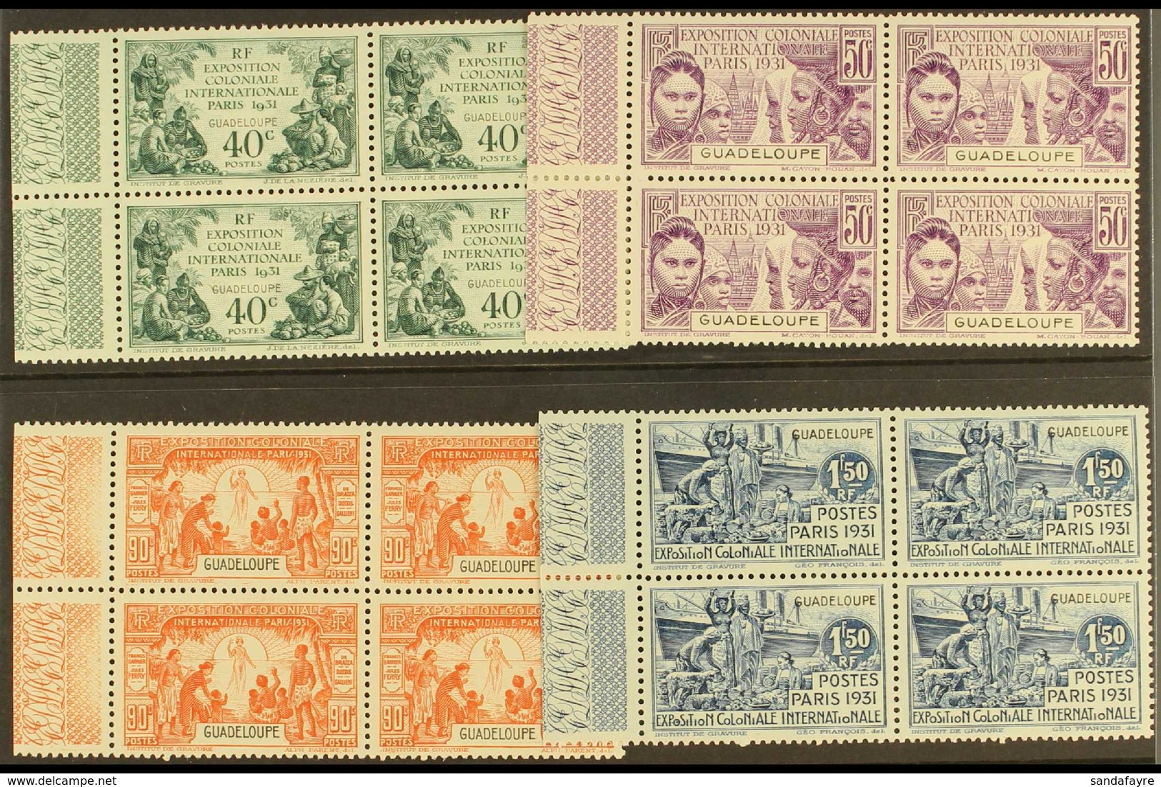 GUADELOUPE 1931 Paris International Exposition Complete Set, Yvert 123/26, In Very Fine Mint Marginal BLOCKS OF FOUR (2  - Other & Unclassified