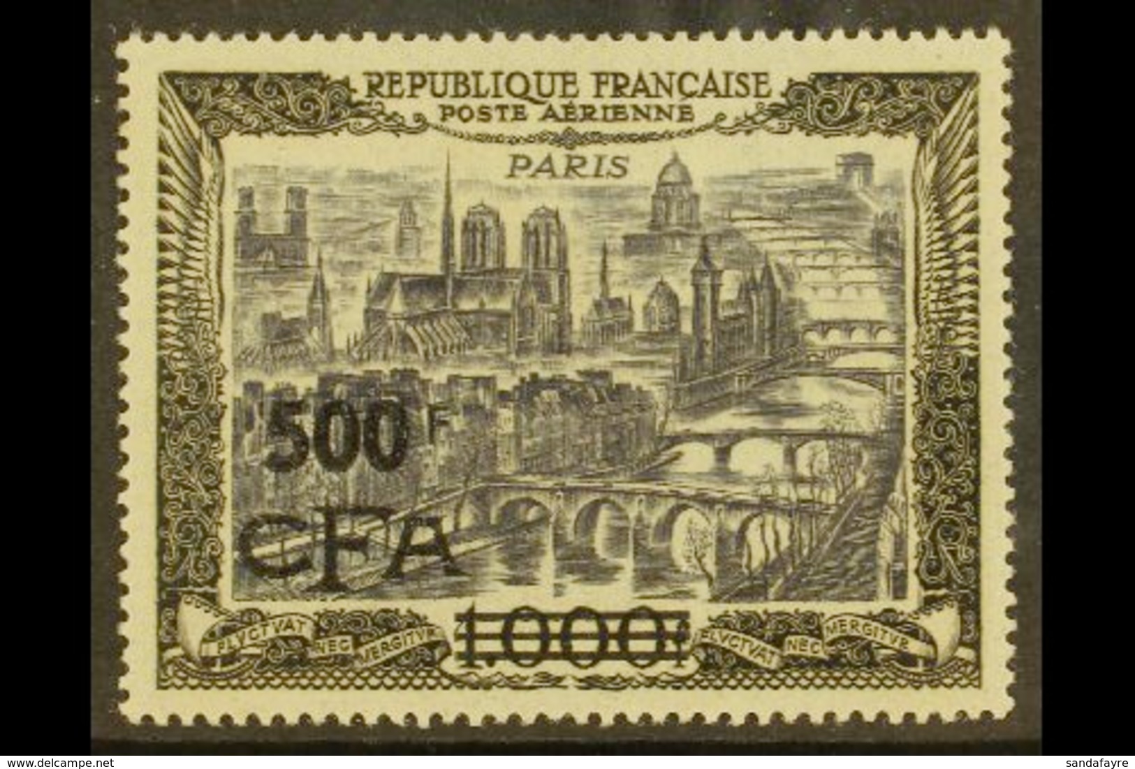 REUNION 1951 500f On 1000f Slate-purple & Black On Blue Air "CFA" Surcharge (Yvert 51, SG 332), Superb Mint, Very Fresh. - Altri & Non Classificati