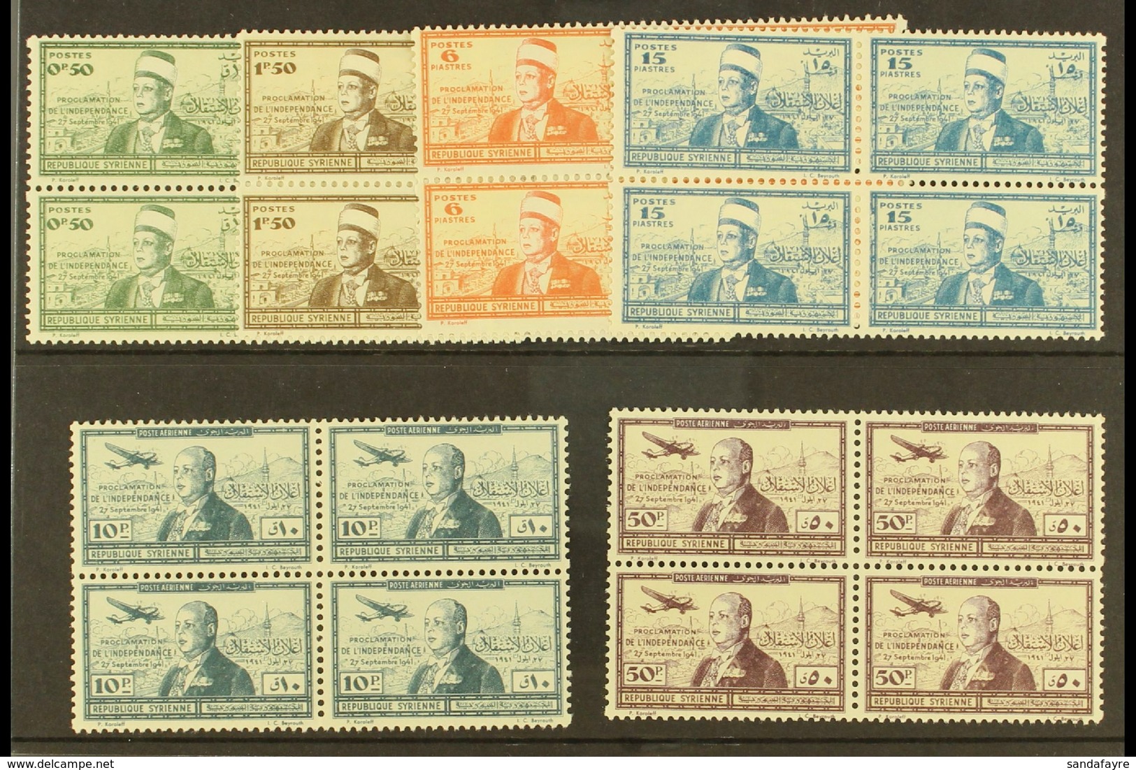 SYRIA 1942 Independence Complete Set Inc Airs (SG 358/63, Yvert 260/63 & 94/95), Fine Never Hinged Mint BLOCKS Of 4, Ver - Sonstige & Ohne Zuordnung