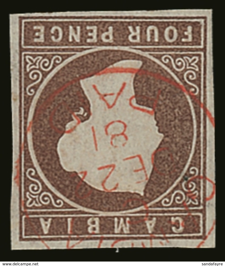 1874 4d Brown Imperf, WATERMARK INVERTED, SG 5w, Very Fine Used With 4 Margins & Crisp Red Fully- Dated Cds. A Beauty. S - Gambia (...-1964)