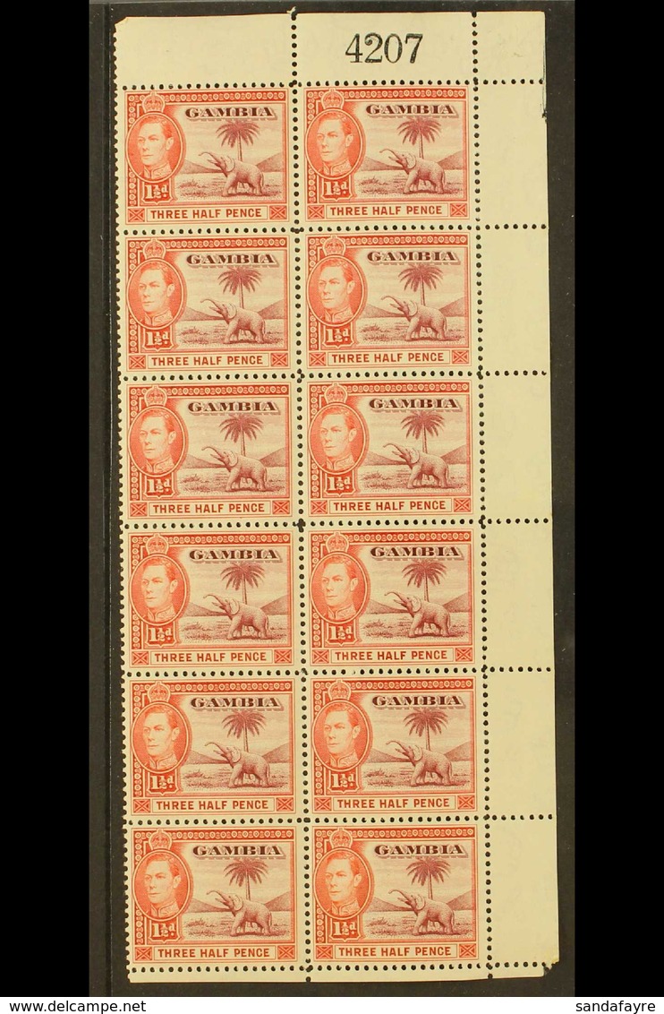 1938-46 1½d Brown Lake & Scarlet, SG 152a, Never Hinged Mint, Numbered Part Pane Multiple Of 12 Stamps With Selvedge To  - Gambia (...-1964)