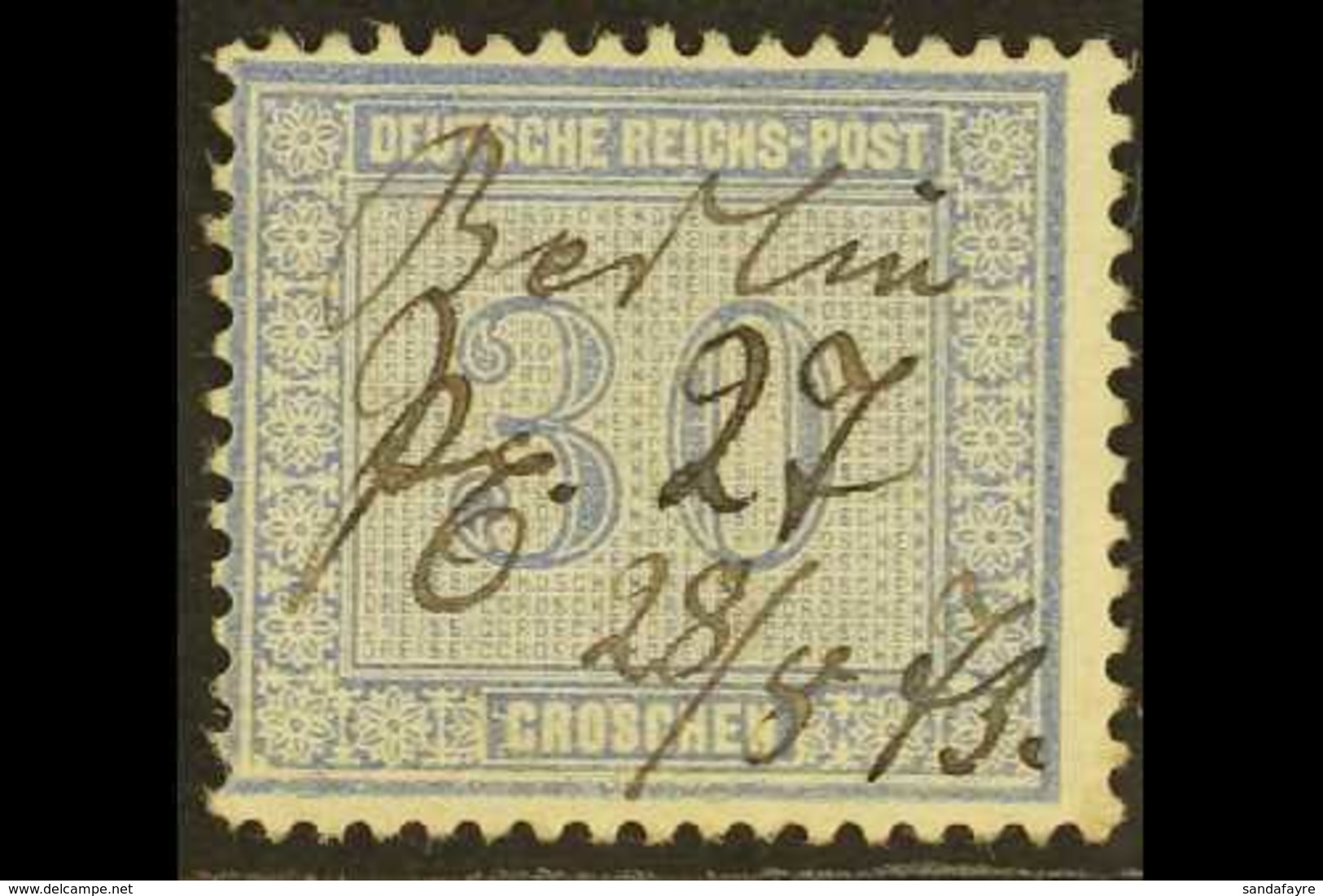 1872 30g Blue (Michel 13, SG 15 B), Used With Fully Date "Berlin" Handwritten Cancel, Minute Thin Spots, Very Fresh, Cat - Other & Unclassified