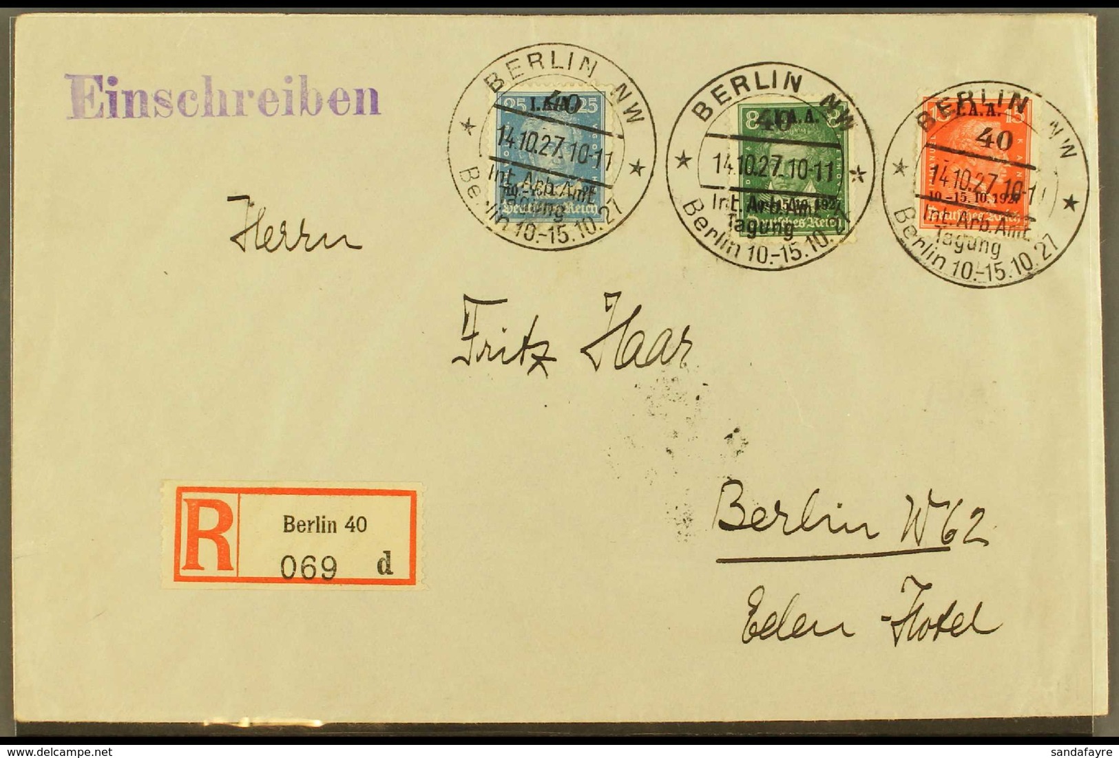 1927 "I.A.A" Overprints Complete Set (Michel 407/09, SG 421/23) On Registered Cover Tied By Special "Int. Arb. Amt Tagun - Other & Unclassified