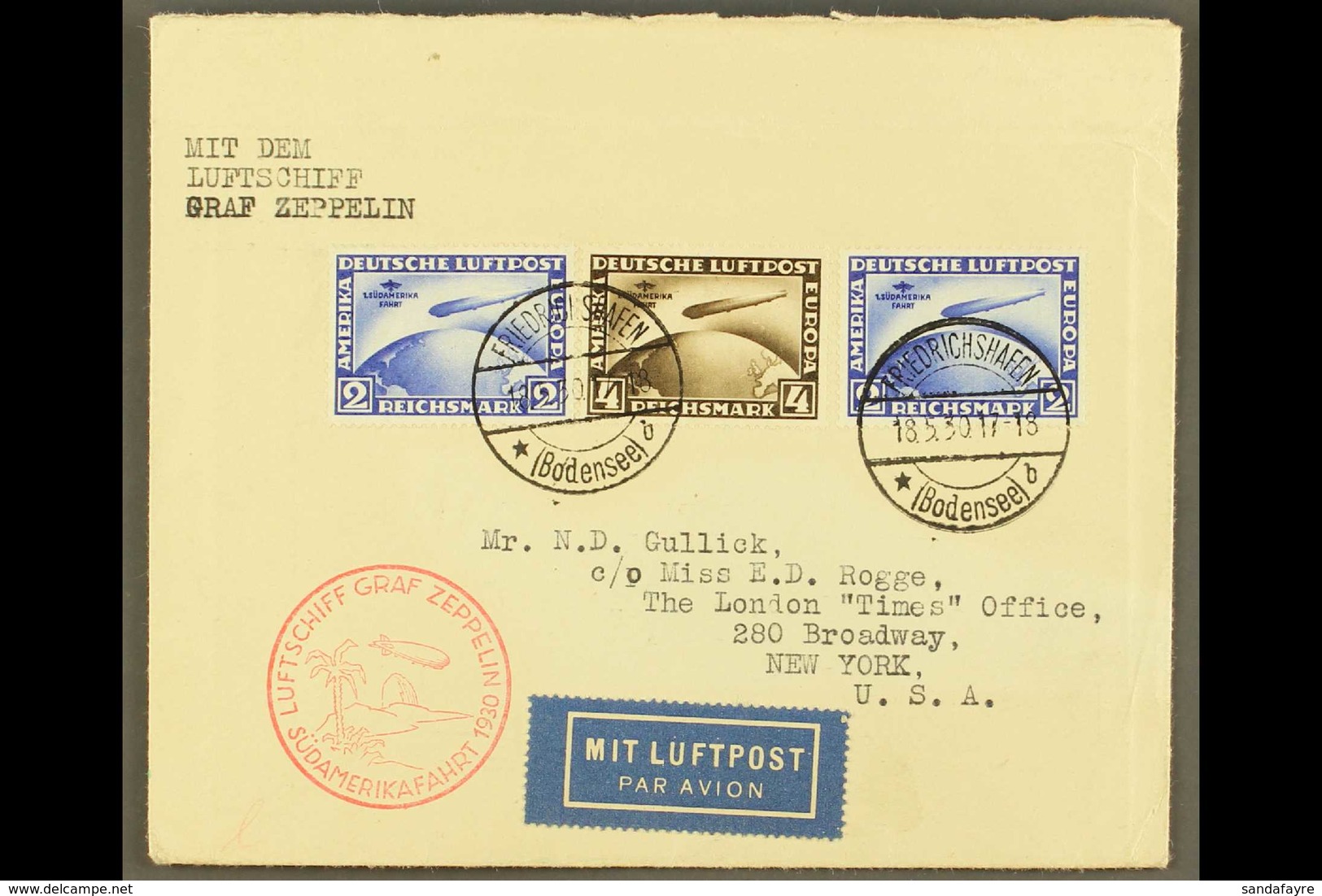 1930 RARE 'GRAF ZEPPELIN' FLIGHT COVER. 1930 (18 May) Airmail Cover Addressed To USA, Bearing 1930 2m (x2 Examples) & 4m - Other & Unclassified